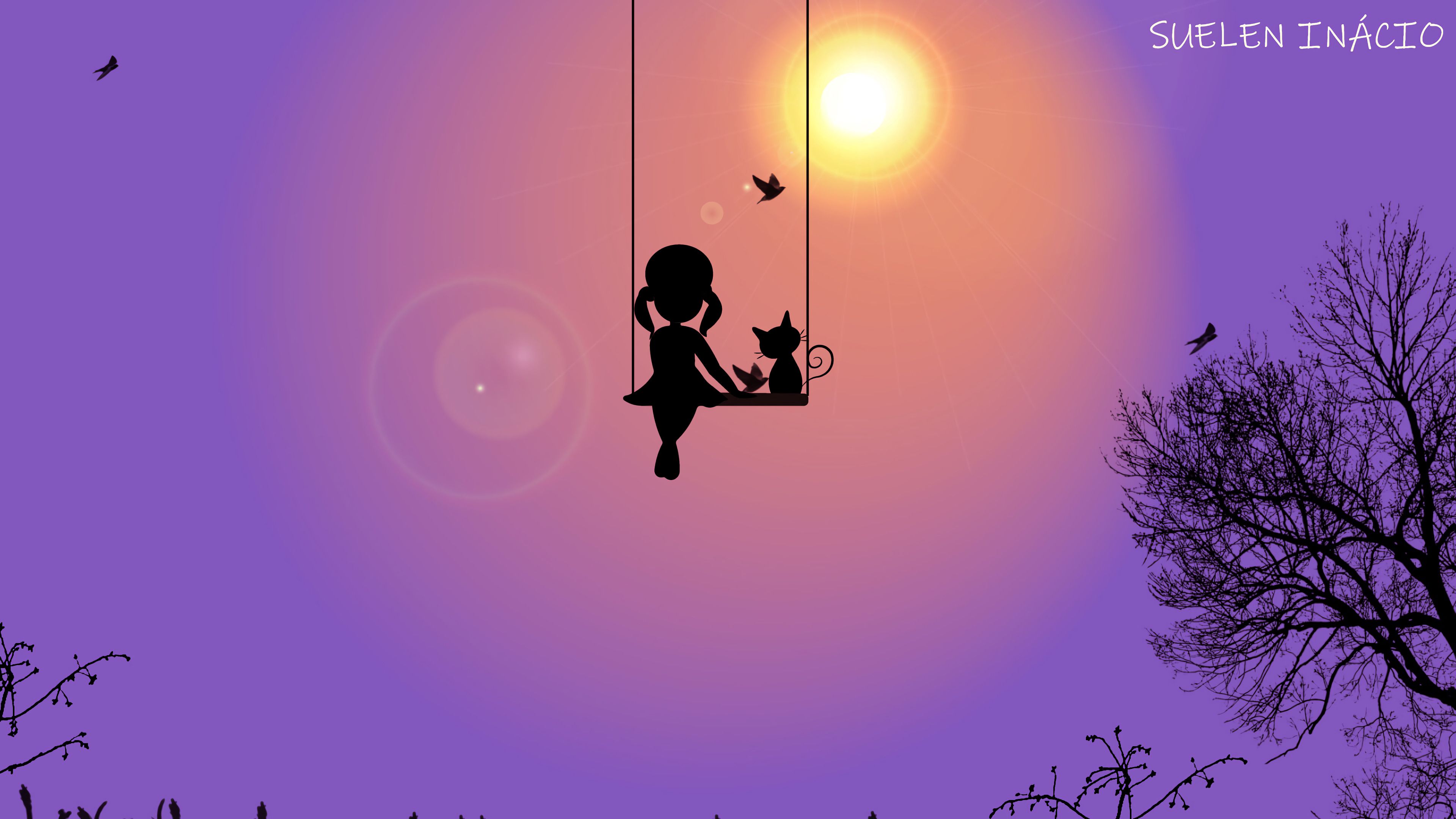 girl, art, swing, birds, sun, silhouette, cat HD wallpaper