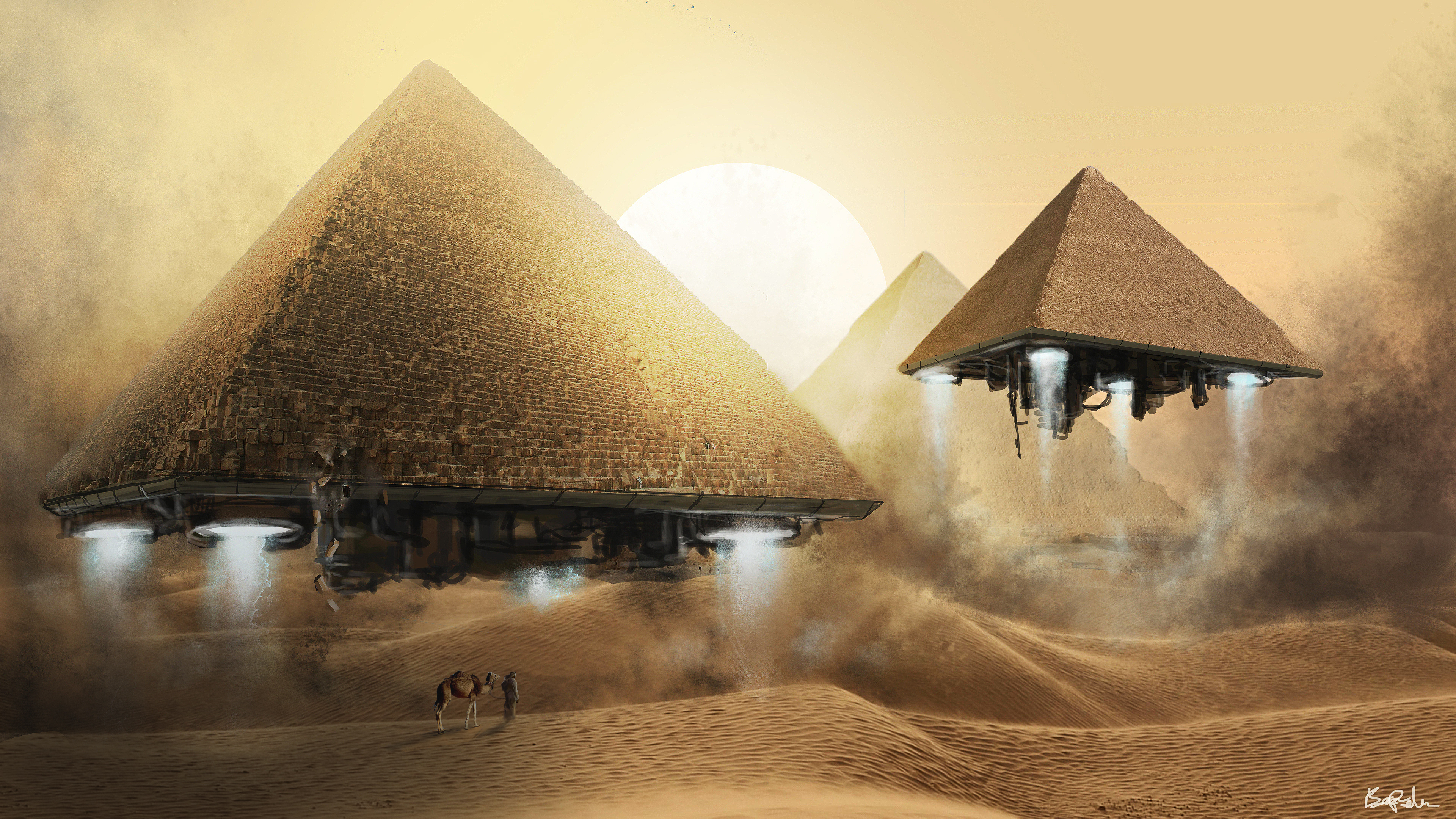 550353 завантажити картинку пустеля, піраміда, космічний корабель, наукова фантастика, пісок, єгипетський - шпалери і заставки безкоштовно
