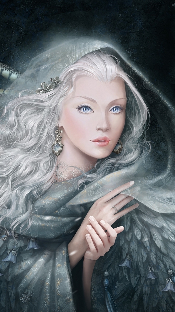 Download mobile wallpaper Winter, Fantasy, Women, Blue Eyes, White Hair for free.