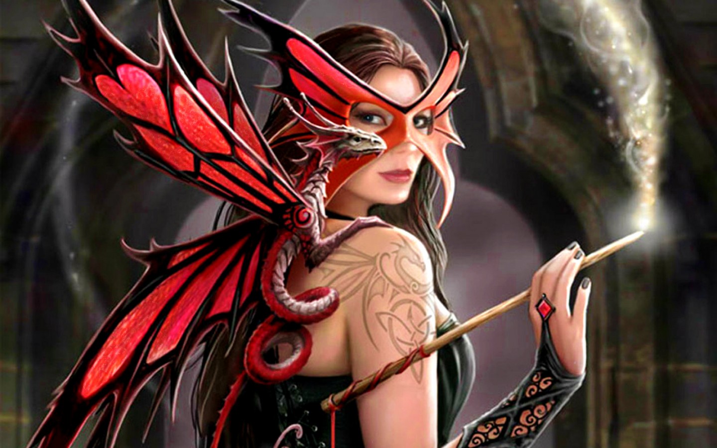 Free download wallpaper Fantasy, Mask, Tattoo, Wings, Dragon, Brunette, Women on your PC desktop
