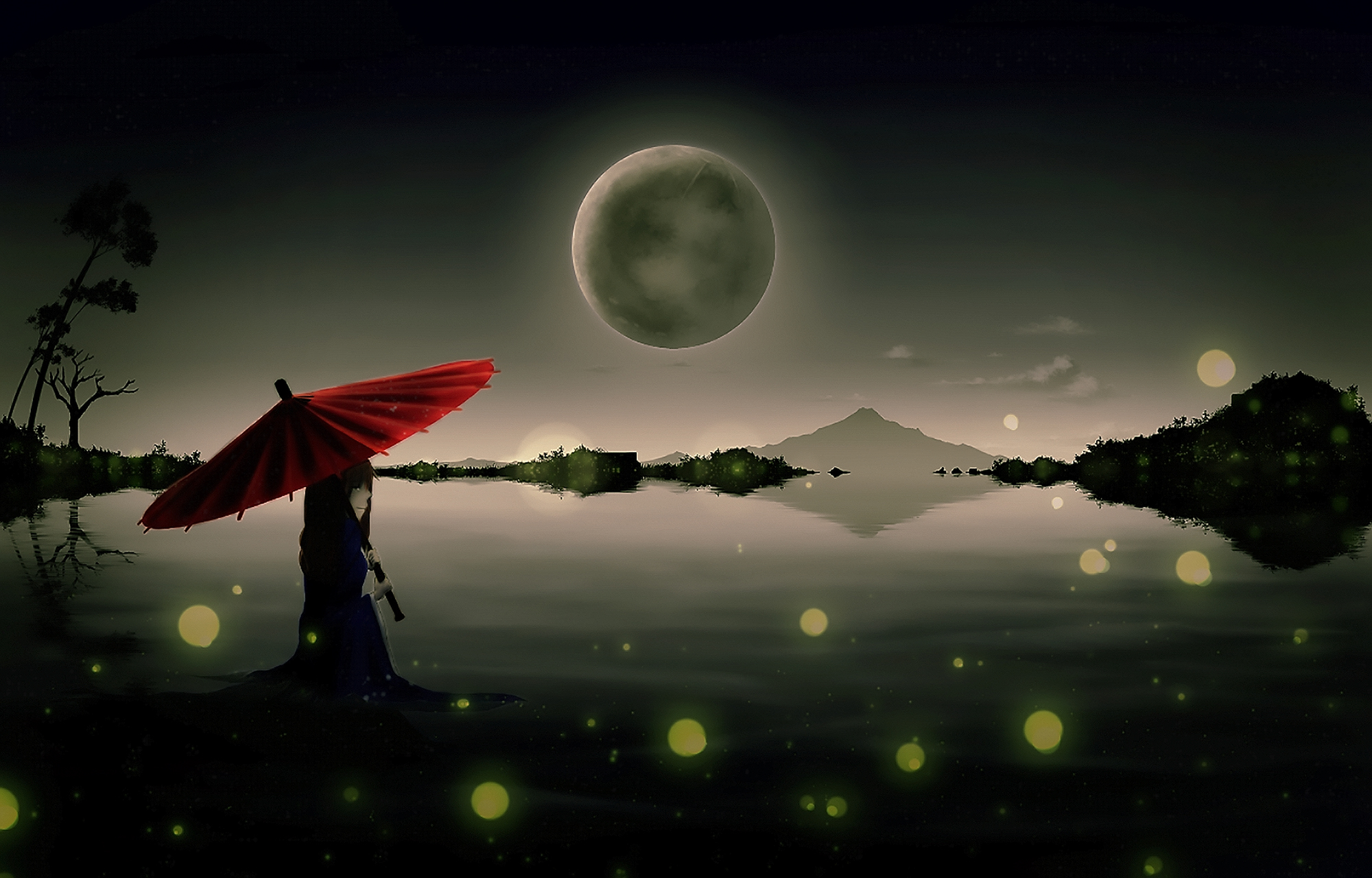 Download mobile wallpaper Anime, Night, Moon, Lake, Umbrella, Original for free.