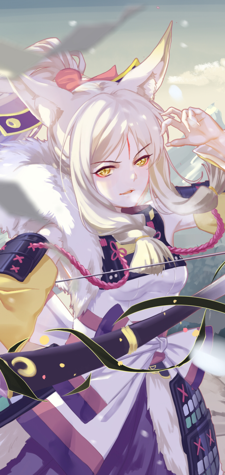 Download mobile wallpaper Anime, Yellow Eyes, White Hair, Animal Ears, Japanese Clothes, Onmyoji for free.