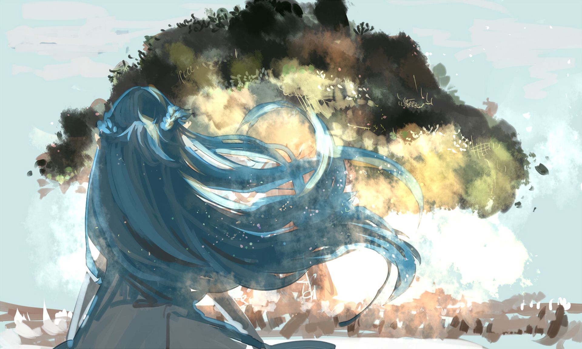 Laden Sie das Baum, Blaue Haare, Animes, Lange Haare, Sword Art Online-Bild kostenlos auf Ihren PC-Desktop herunter