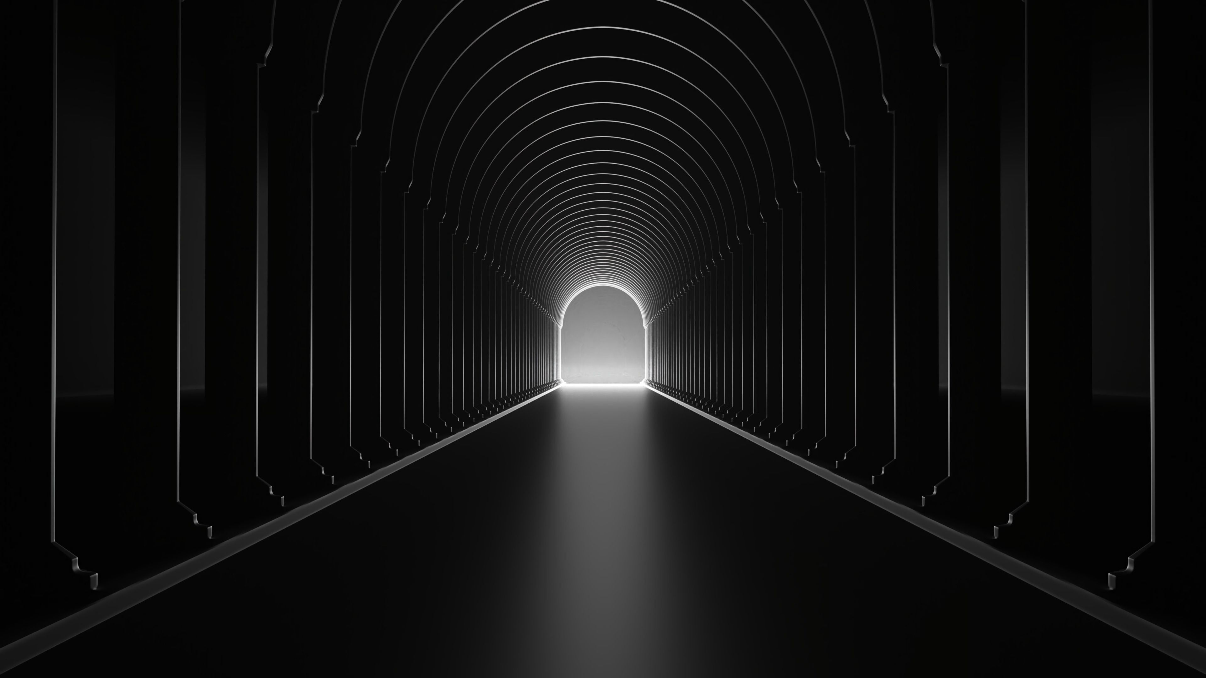 glow, black, bw, chb, dahl, distance, arch, tunnel 4K