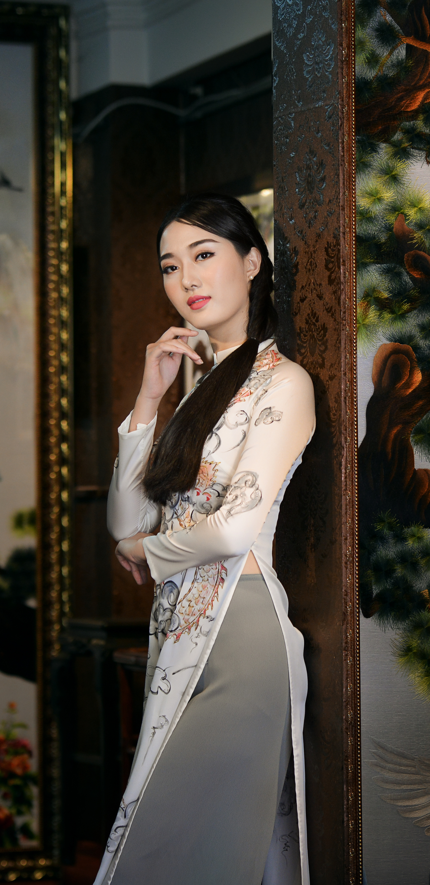 Download mobile wallpaper Flower, Bouquet, Book, Painting, Women, Asian, Vietnamese, Ao Dai for free.