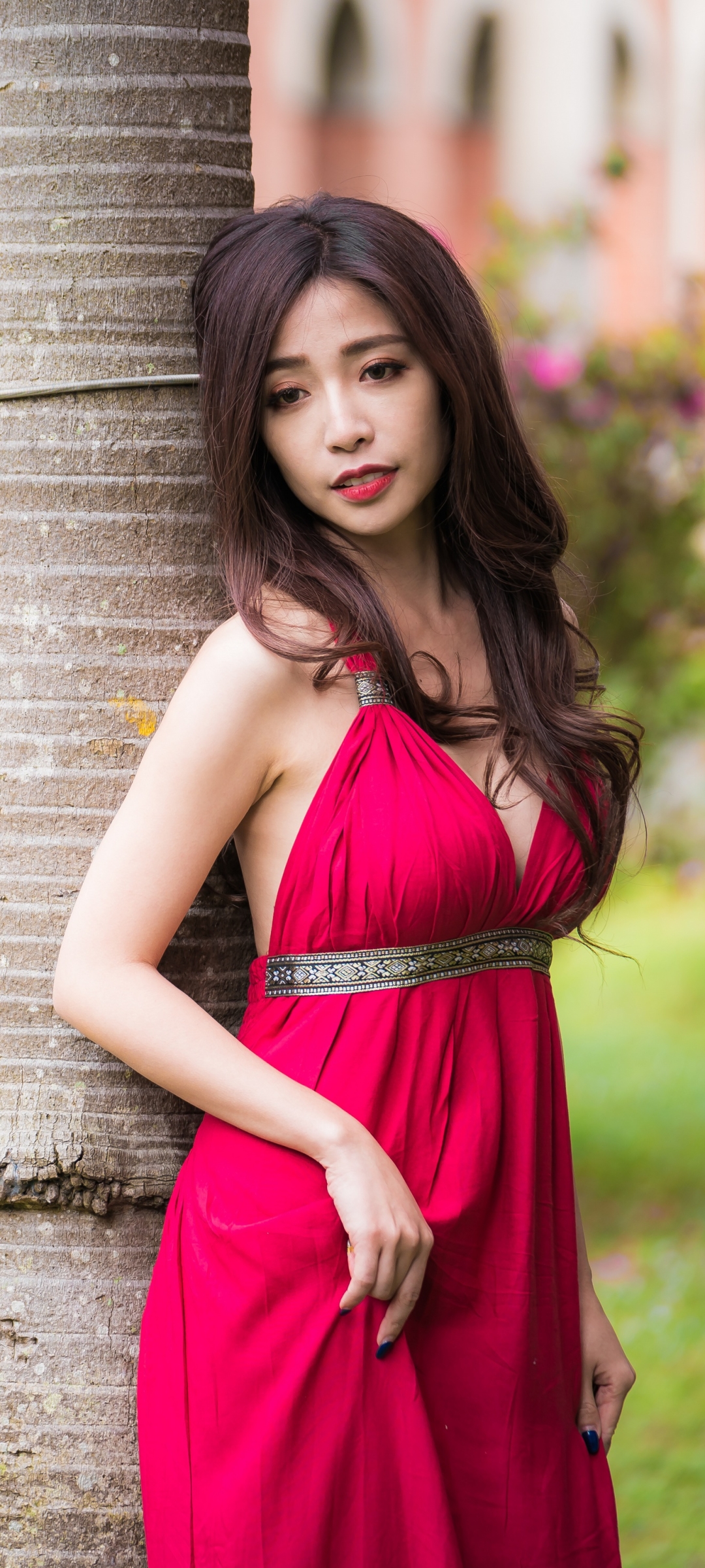 Download mobile wallpaper Brunette, Model, Women, Asian, Lipstick, Red Dress for free.