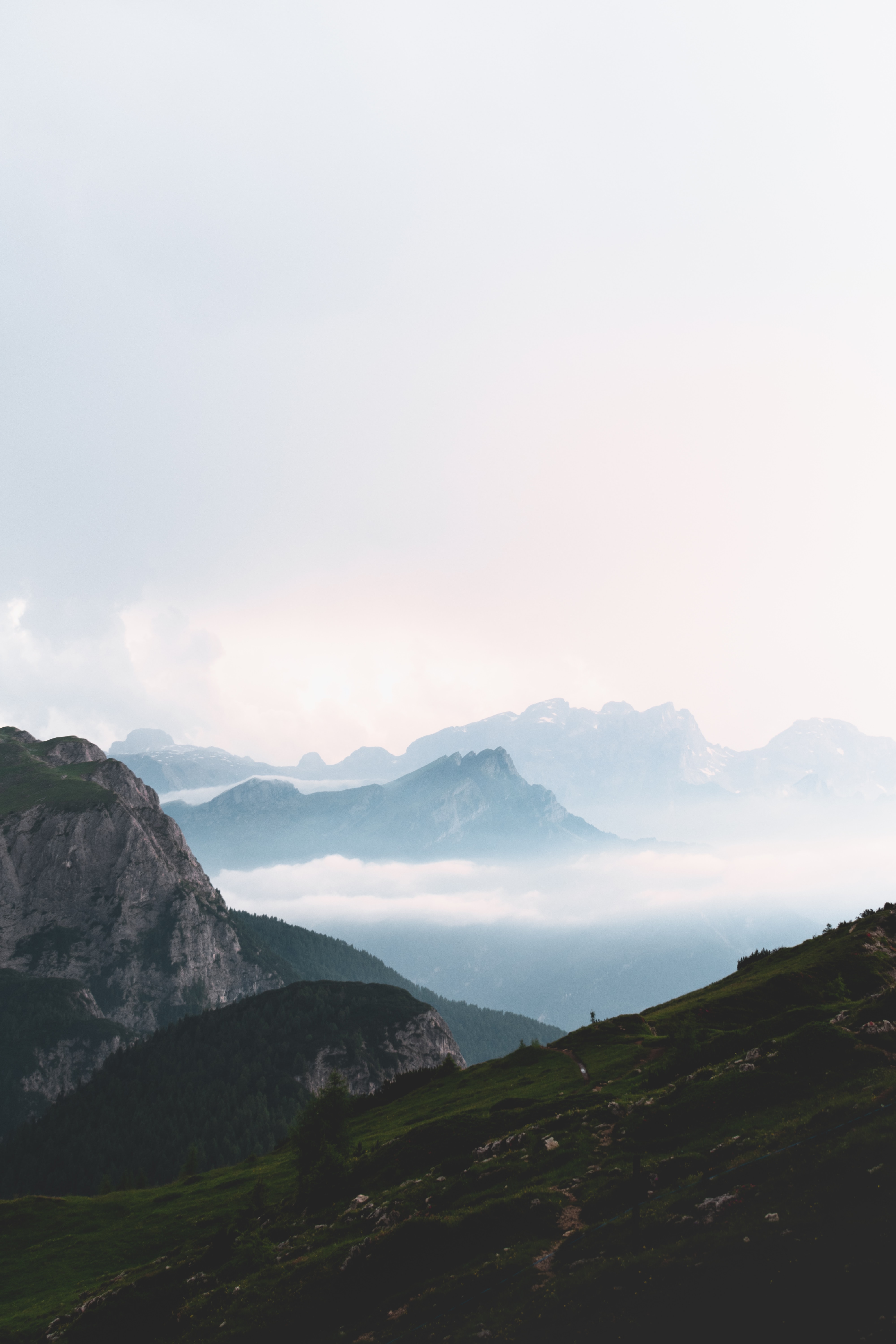 landscape, nature, sky, mountains, fog, dahl, distance phone wallpaper