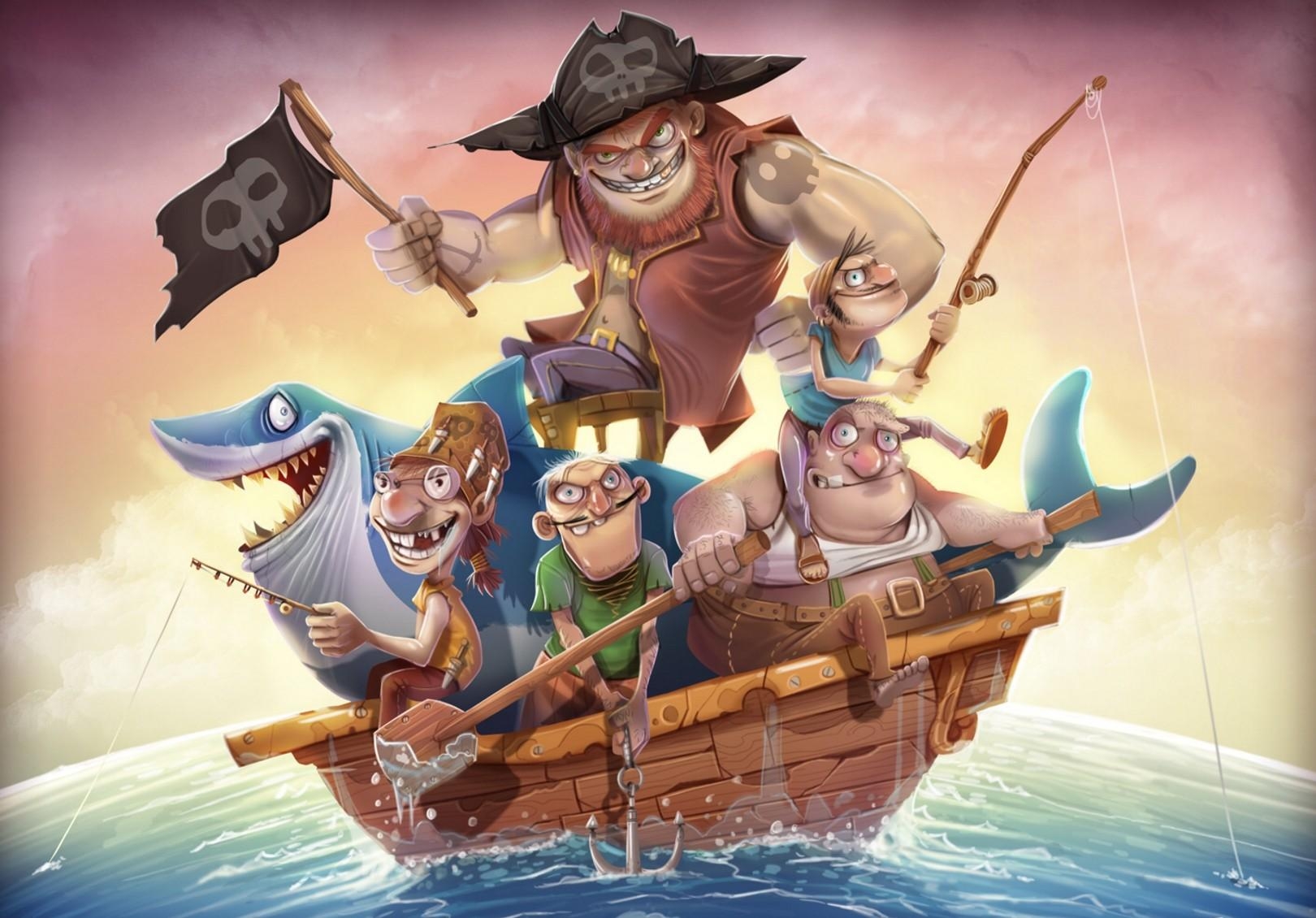 fantasy, pirats, boat, flag, shark, fishing rods, anchor