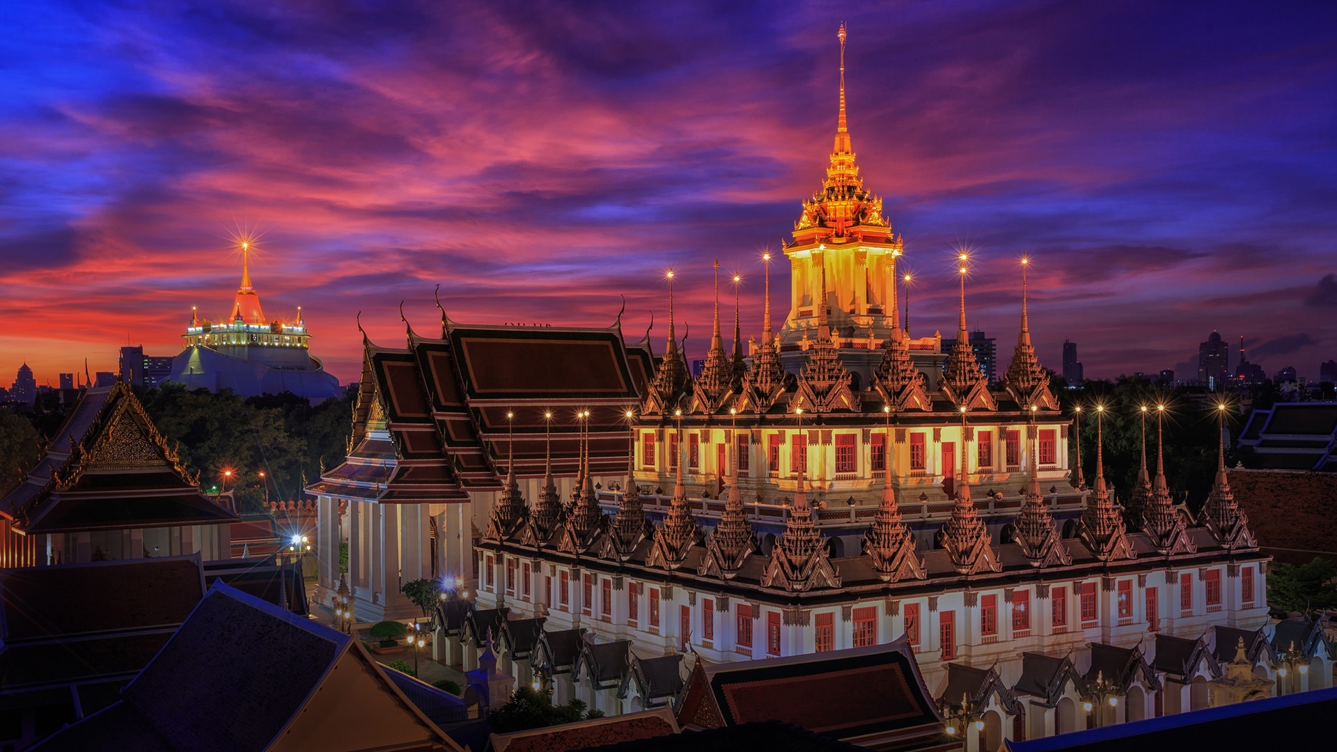 Скачать картинку Свет, Храм, Таиланд, Храмы, Бангкок, Религиозные, Ват Ратчанатдарам в телефон бесплатно.