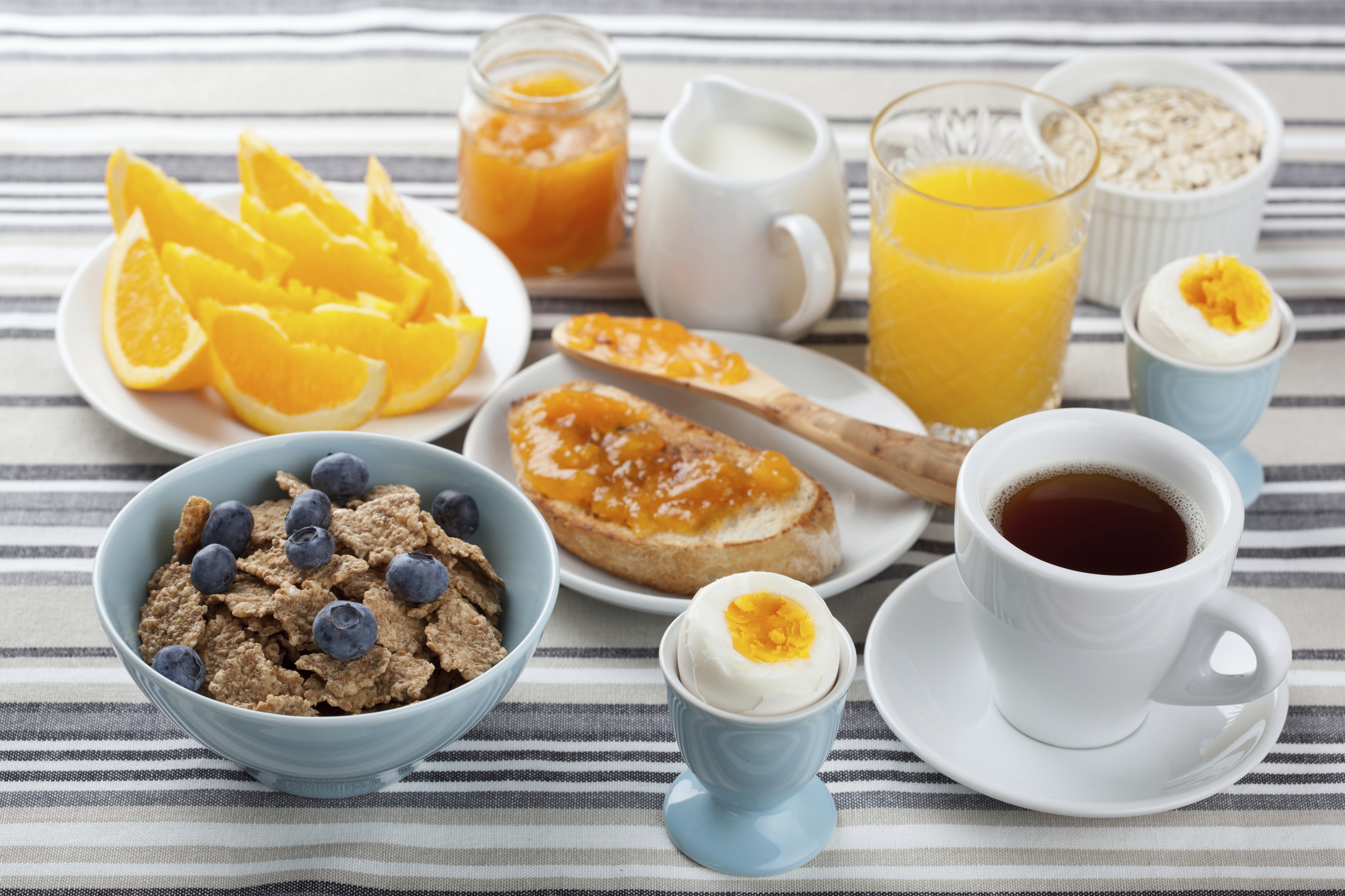 Download mobile wallpaper Food, Blueberry, Cup, Glass, Jam, Tea, Egg, Breakfast, Milk, Juice, Orange (Fruit) for free.