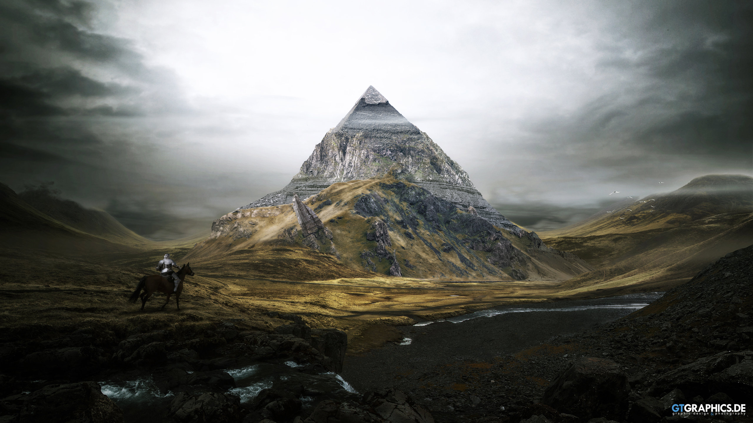 Free download wallpaper Landscape, Fantasy, Knight, Pyramid on your PC desktop