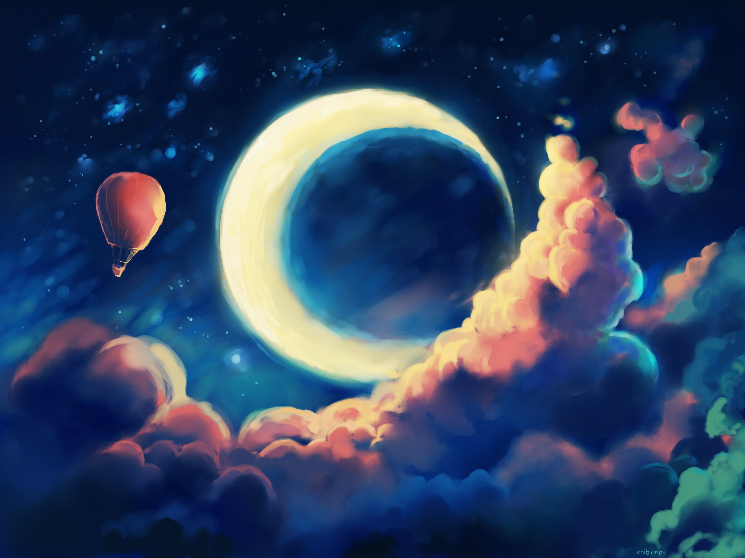 Download mobile wallpaper Night, Moon, Drawing, Balloon, Vehicles, Hot Air Balloon for free.
