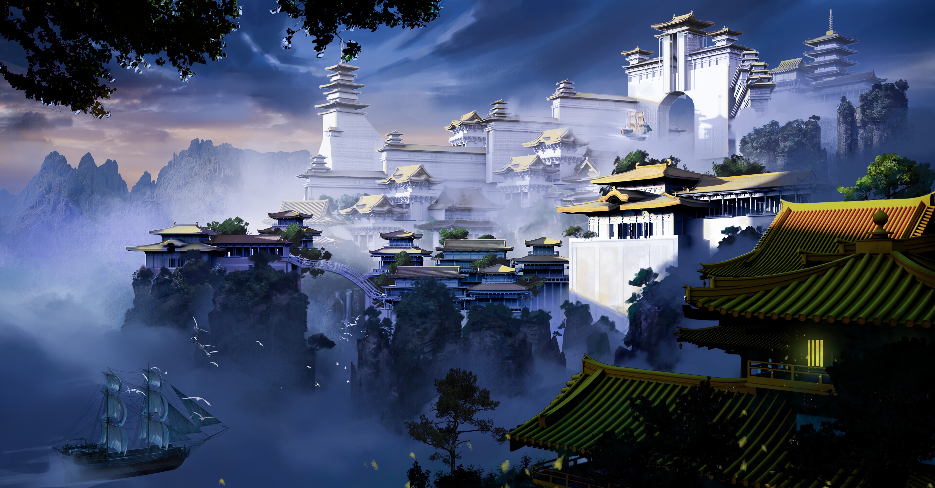 140163 скачать картинку пагода, туман, арт, замок, храм - обои и заставки бесплатно