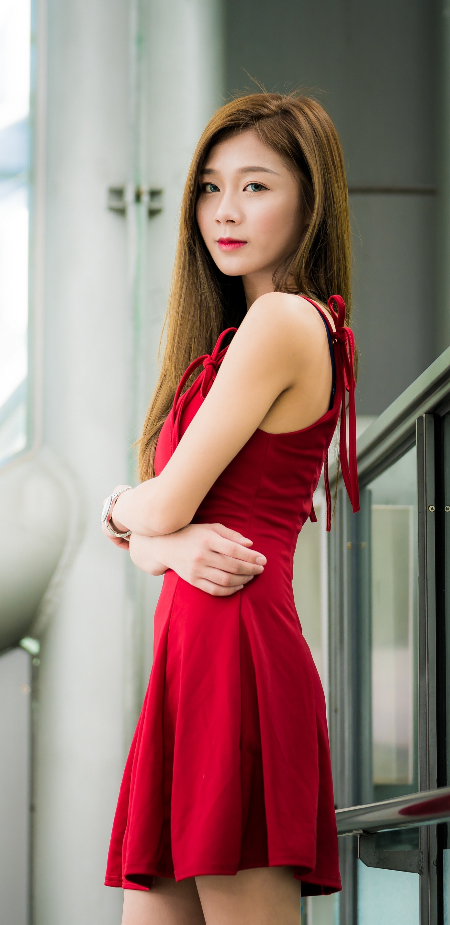 Download mobile wallpaper Brunette, Model, Women, Asian, Long Hair, Red Dress for free.