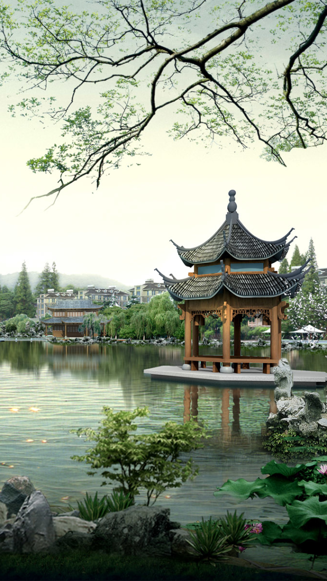 Download mobile wallpaper Lake, Pagoda, China, Oriental, Religious for free.