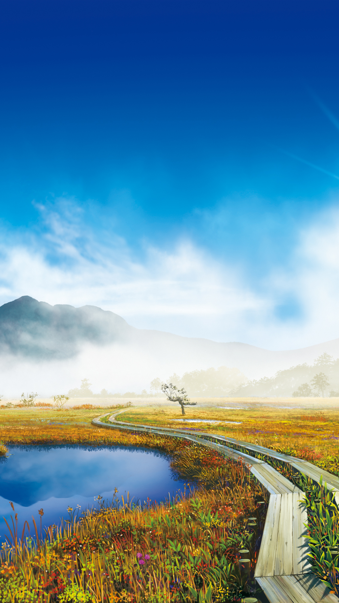 Download mobile wallpaper Anime, Landscape, Sky, Mountain, Fog, Cloud for free.