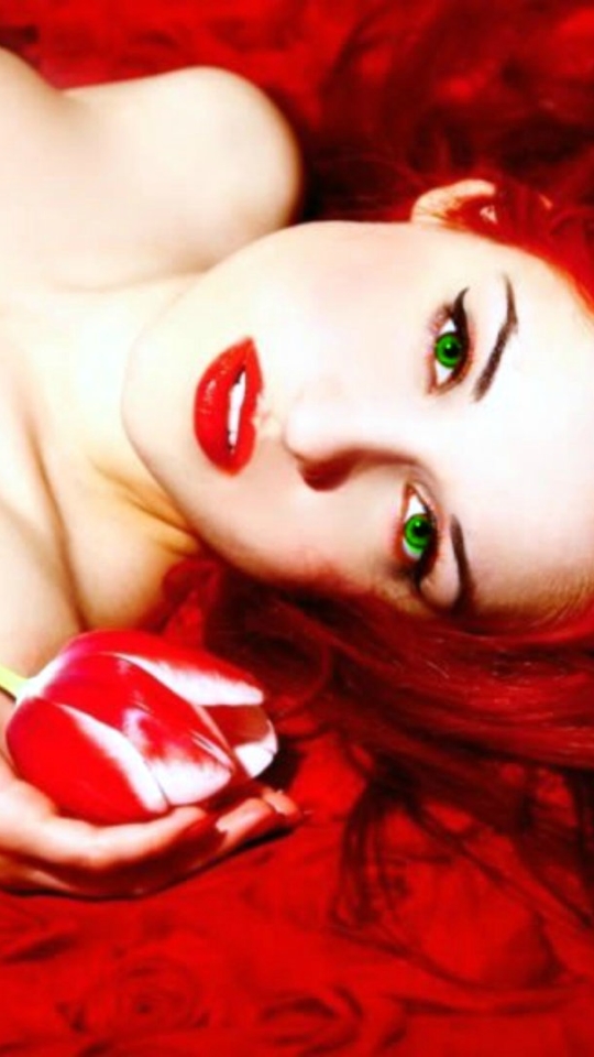 Download mobile wallpaper Tulip, Model, Women, Green Eyes, Red Hair for free.