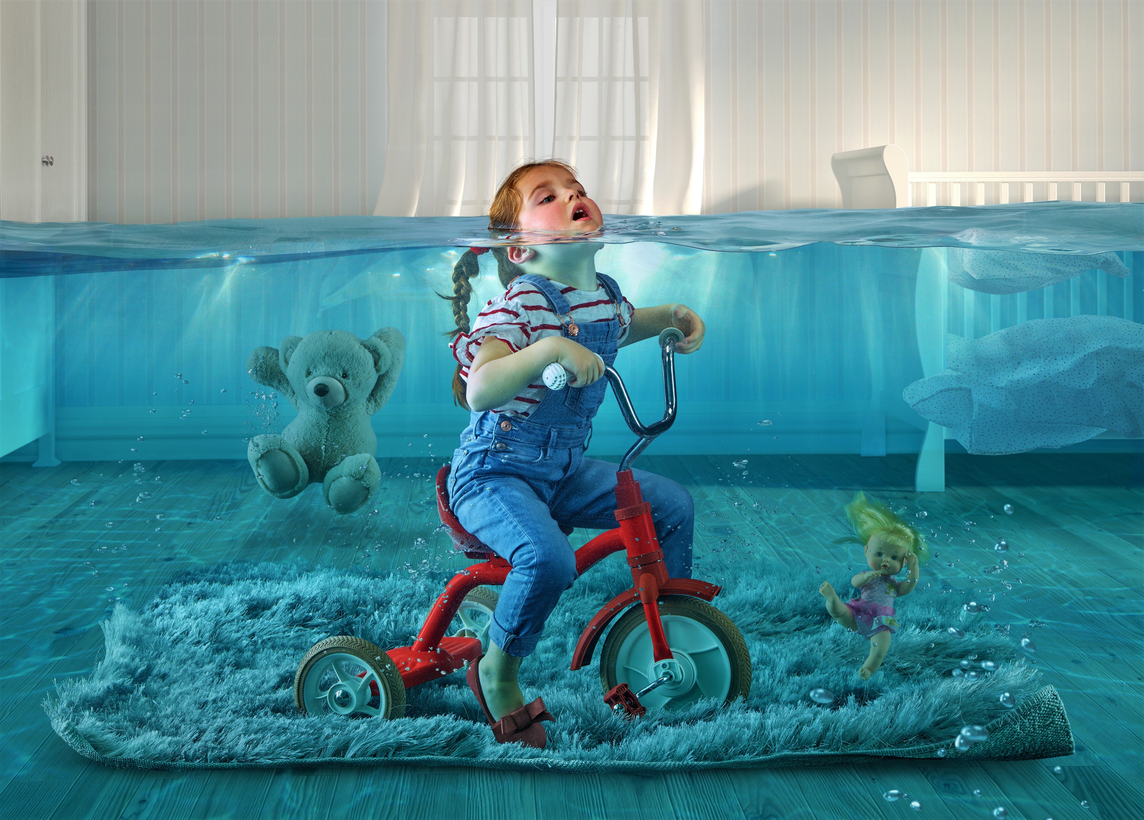 Free download wallpaper Water, Fantasy, Teddy Bear, Dream, Artistic, Doll, Little Girl, Tricycle on your PC desktop