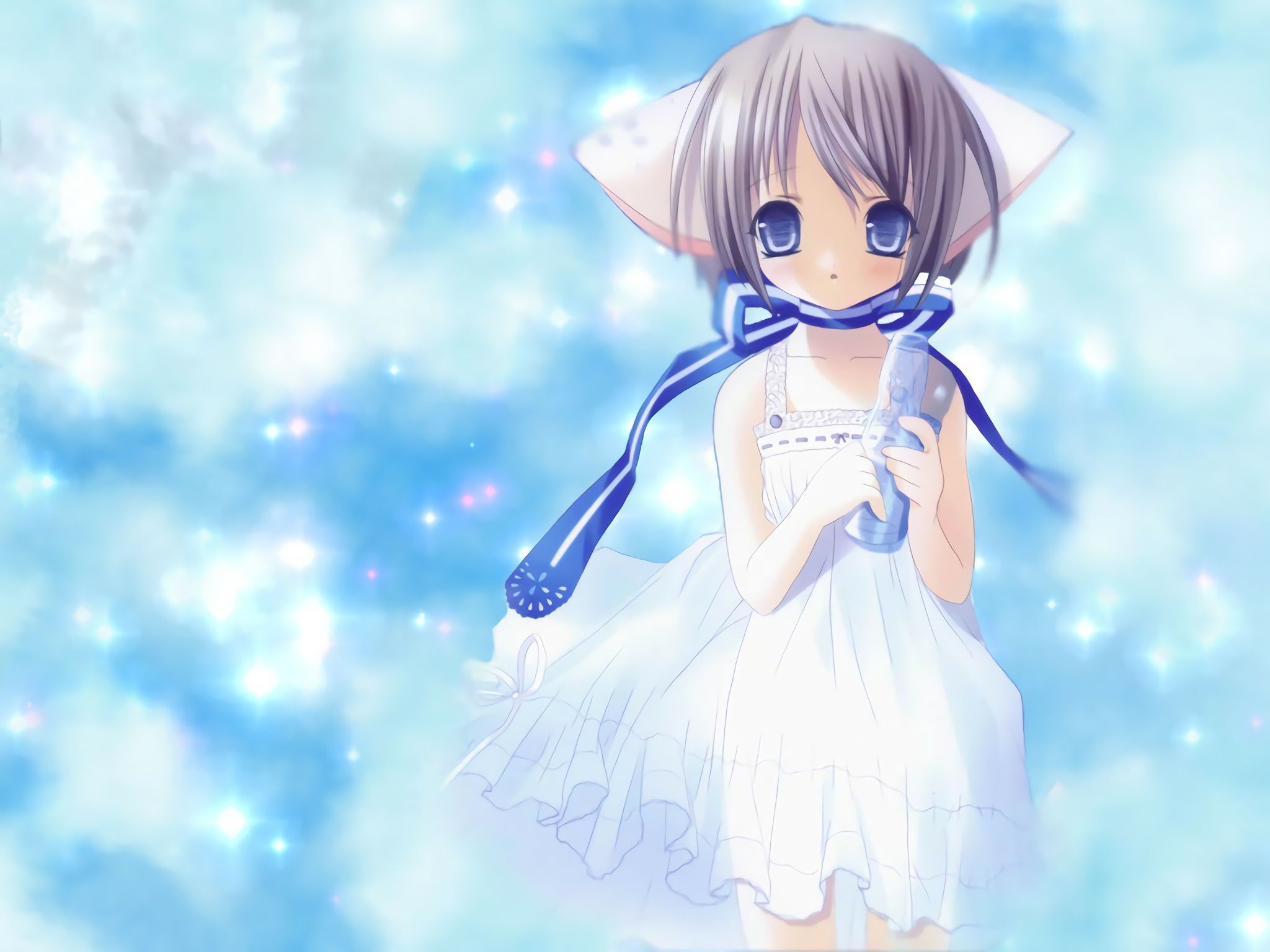 Download mobile wallpaper Anime, Cute, Blue Eyes, Original, Short Hair, Blue Dress, Grey Hair for free.