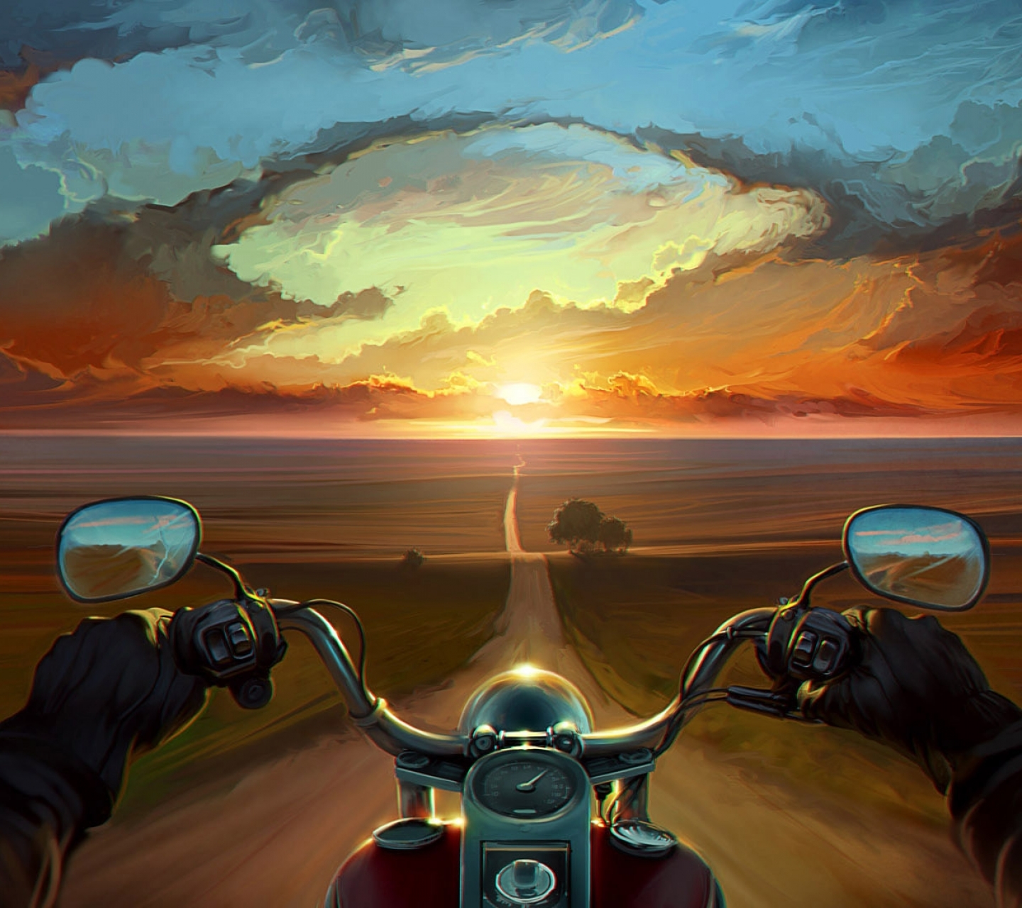 Free download wallpaper Landscape, Sunset, Road, Motorcycle, Bike, Artistic, Psychedelic on your PC desktop