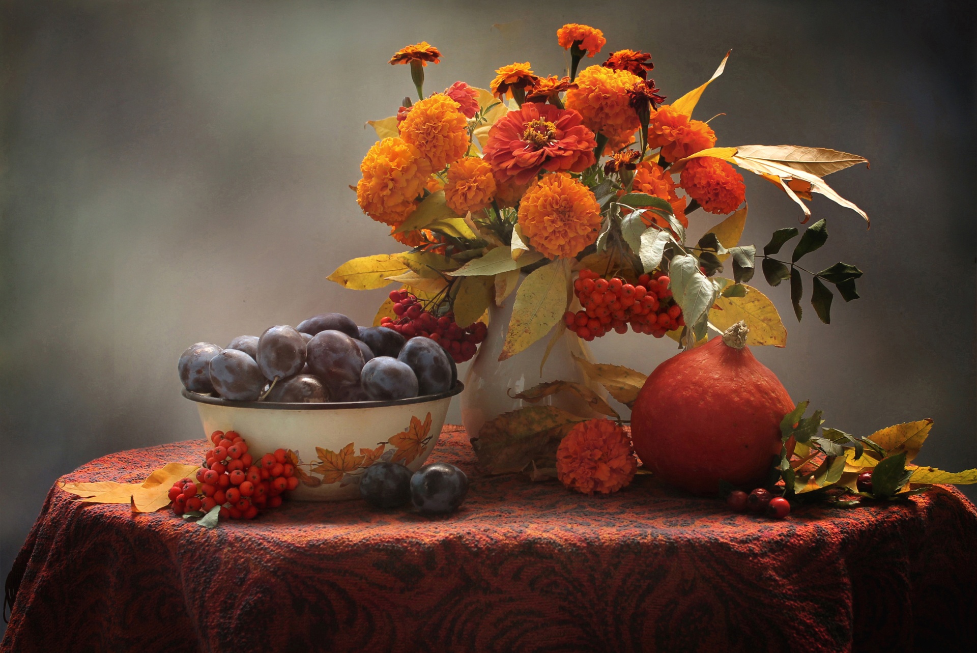 flower, pumpkin, photography, still life, fall, fruit, marigold, orange flower, plum