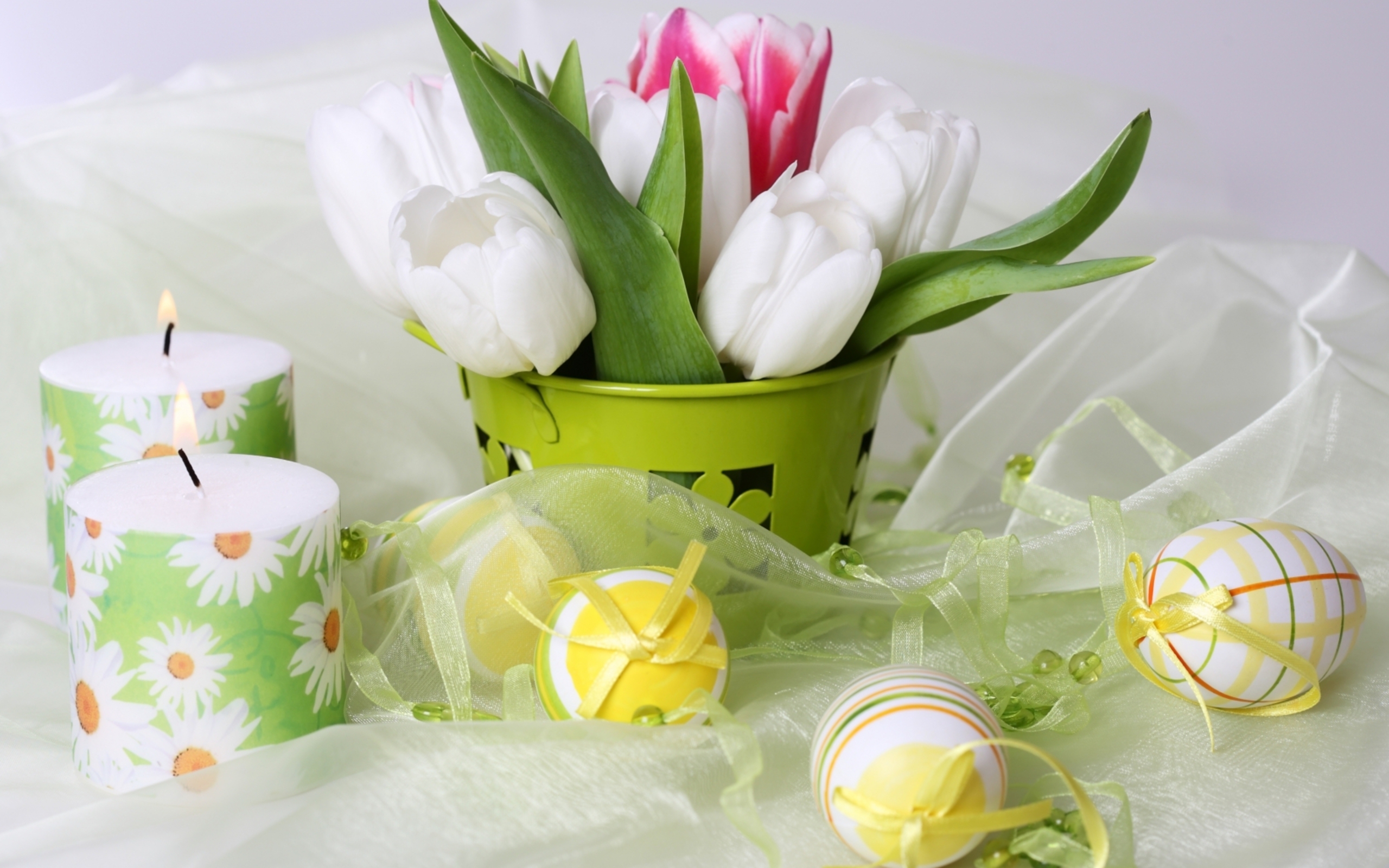 holiday, easter, basket, candle, colorful, egg, tulip, white flower