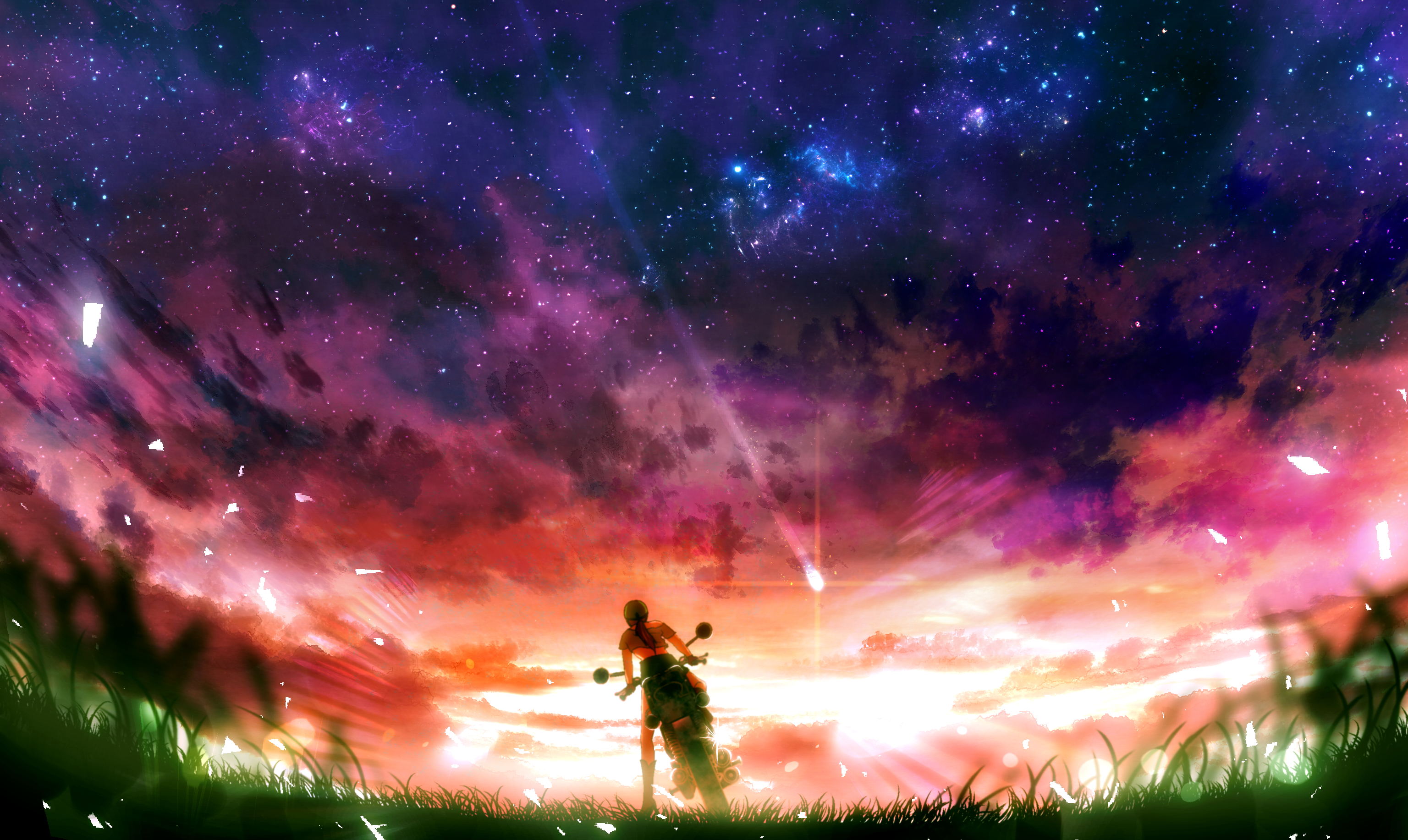 Free download wallpaper Anime, Sky, Starry Sky, Motorcycle, Shooting Star on your PC desktop