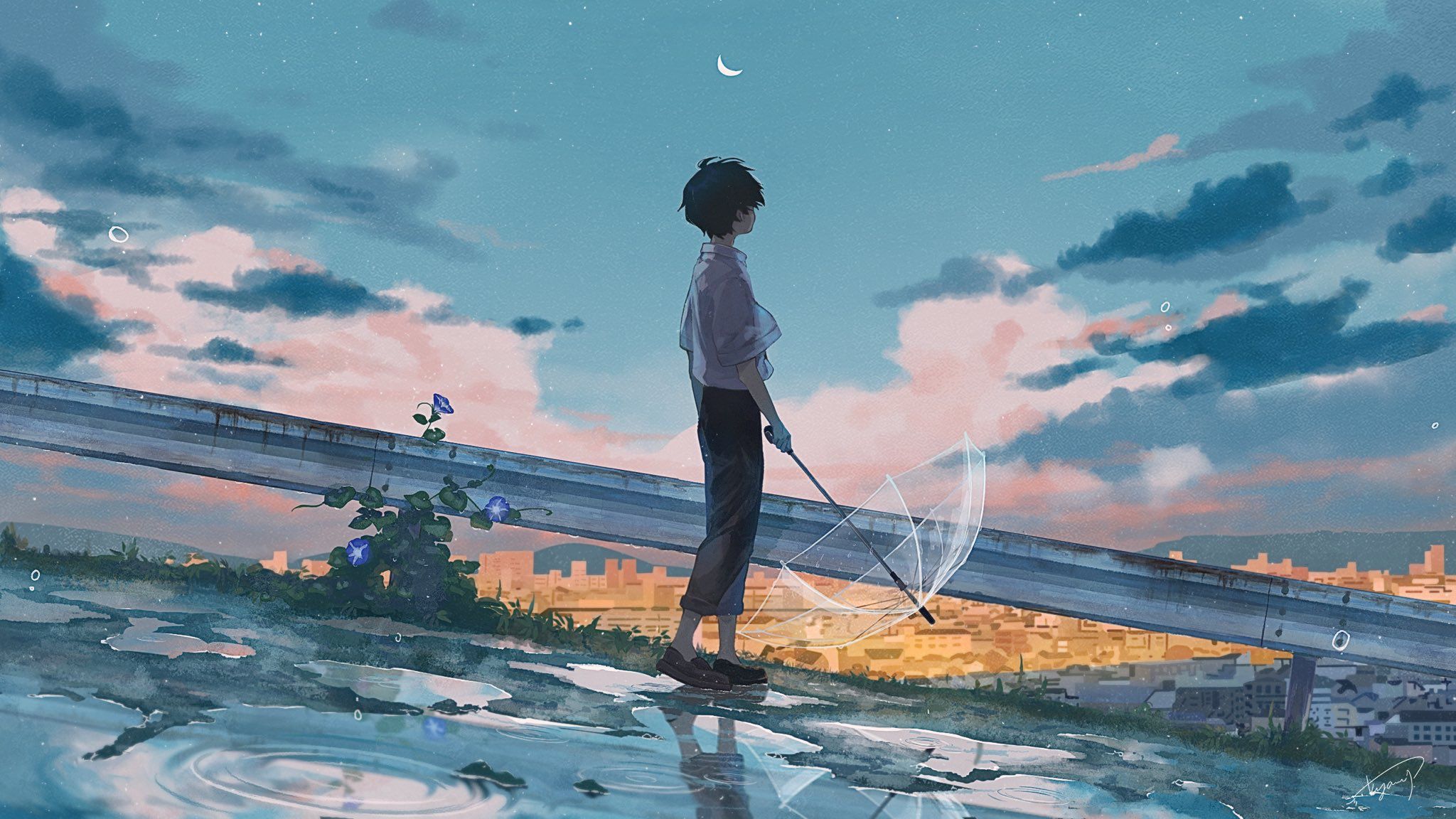 boy, anime, sky, umbrella, water