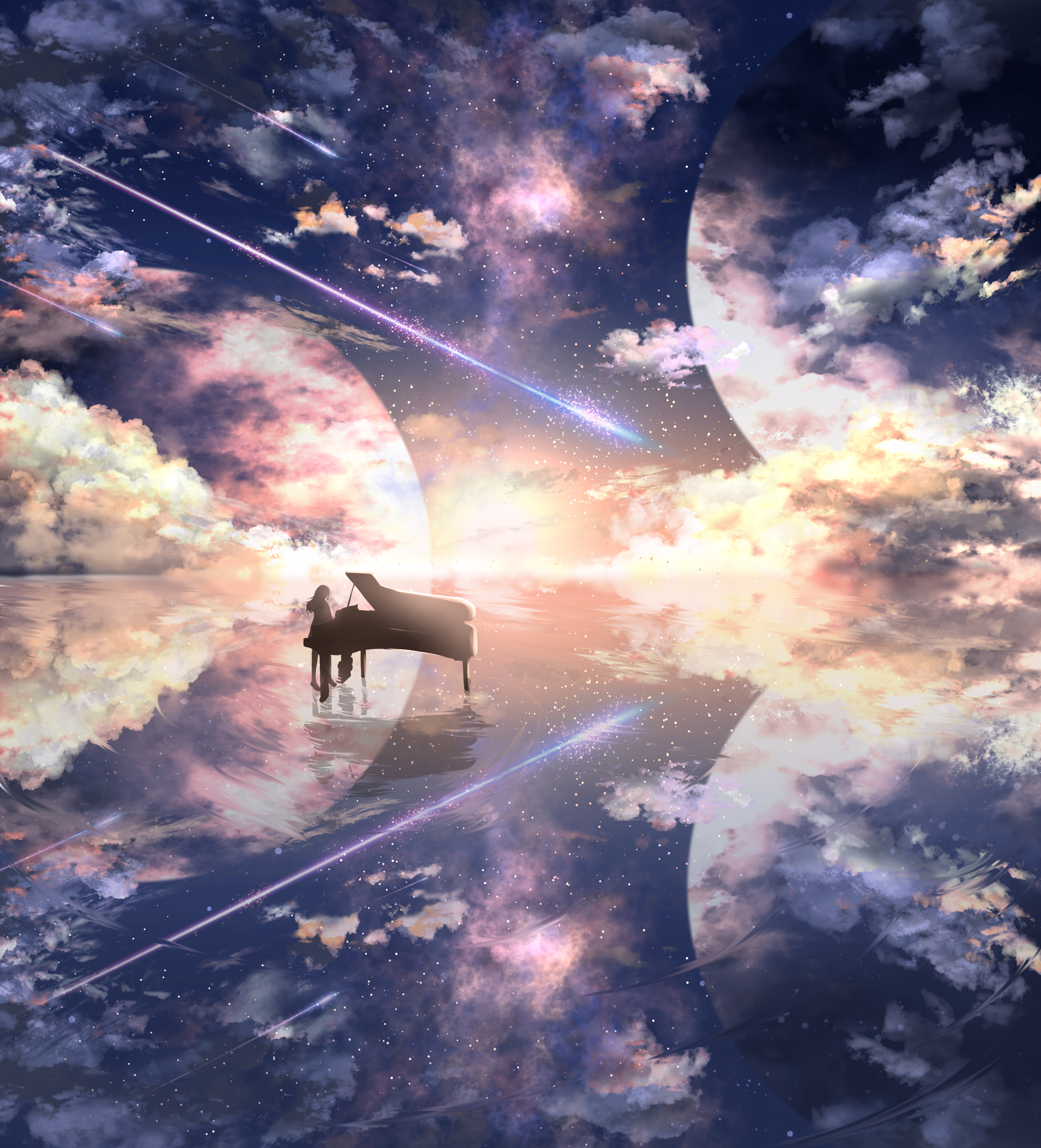 anime, piano, grand piano, illusion, universe, silhouette