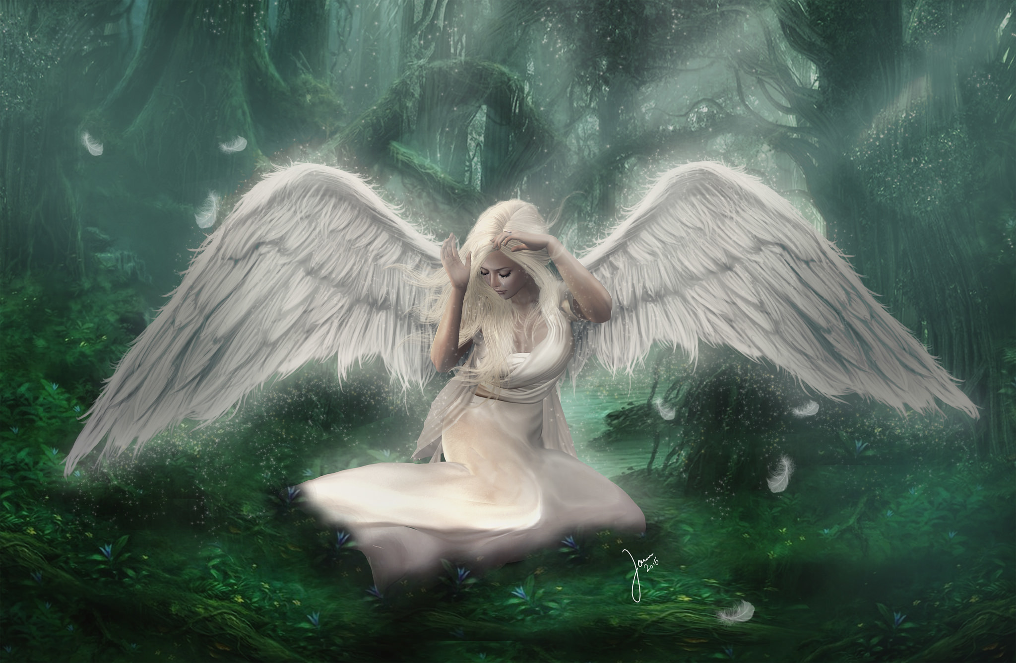 Download mobile wallpaper Fantasy, Forest, Wings, Sad, Angel, White Hair for free.