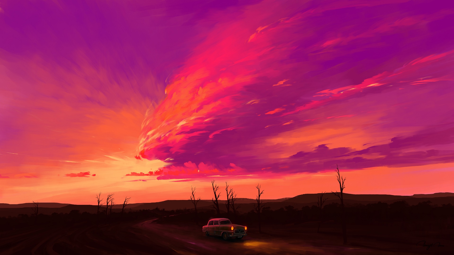 Download mobile wallpaper Landscape, Sunset, Sky, Artistic, Cloud, Old Car, Vehicles for free.