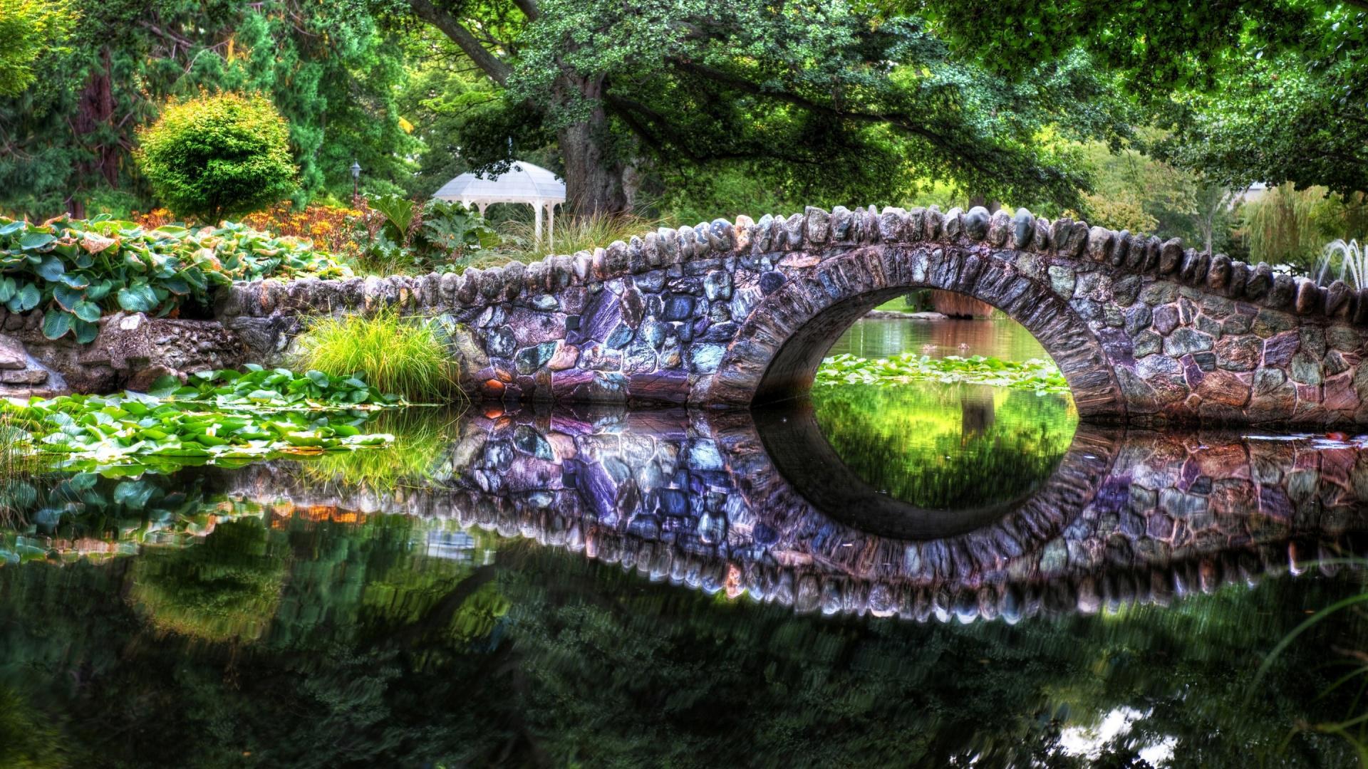 Download mobile wallpaper Bridges, Lake, Reflection, Bridge, Stone, Pond, Man Made for free.