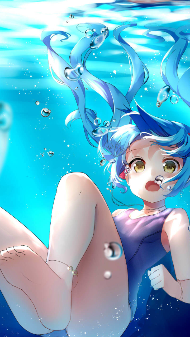 Handy-Wallpaper Vocaloid, Unterwasser, Blase, Gelbe Augen, Seifenblase, Badeanzug, Blaue Haare, Hatsune Miku, Animes, Lange Haare kostenlos herunterladen.