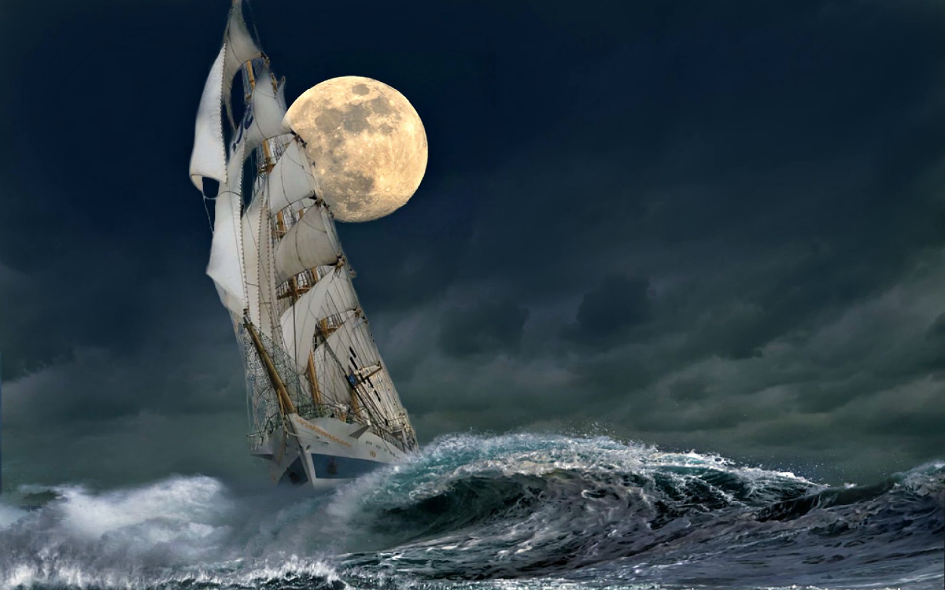840380画像をダウンロード帆船, 乗り物, 月, 海洋, ヨット, 帆, 海, 波-壁紙とスクリーンセーバーを無料で
