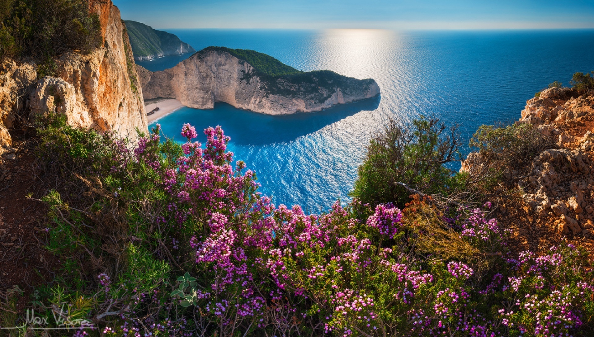 869514 скачать картинку розовый цветок, океан, греция, побережье, закинтос, горизонт, земля/природа, цветок, пляж навагио - обои и заставки бесплатно