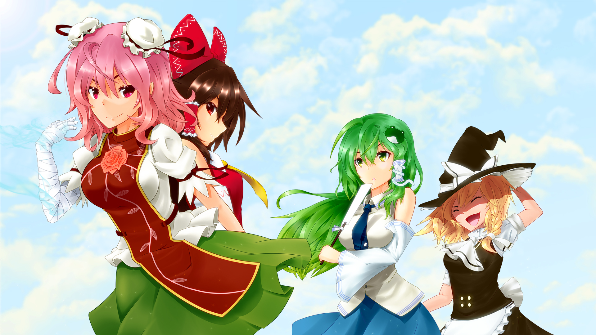 Free download wallpaper Anime, Touhou, Sanae Kochiya, Reimu Hakurei, Marisa Kirisame, Kasen Ibaraki on your PC desktop