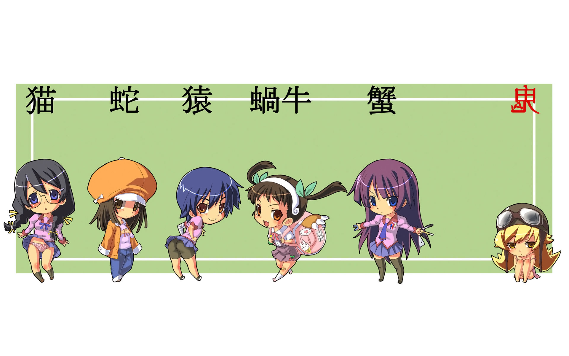 Download mobile wallpaper Anime, Monogatari (Series), Hitagi Senjōgahara, Nadeko Sengoku, Mayoi Hachikuji, Shinobu Oshino, Suruga Kanbaru, Tsubasa Hanekawa for free.