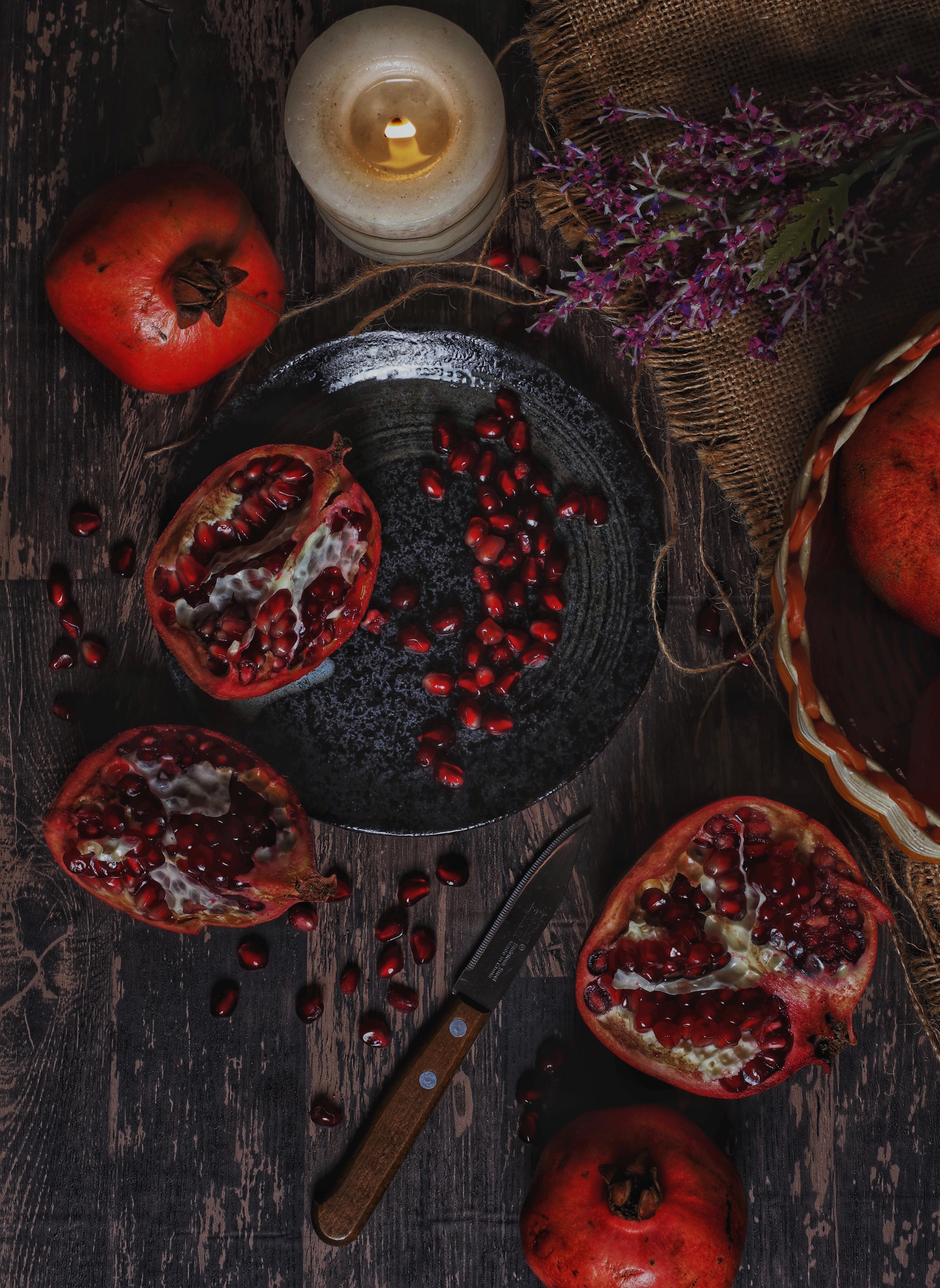 Download mobile wallpaper Garnet, Food, Cloth, Pomegranate, Still Life, Candle for free.