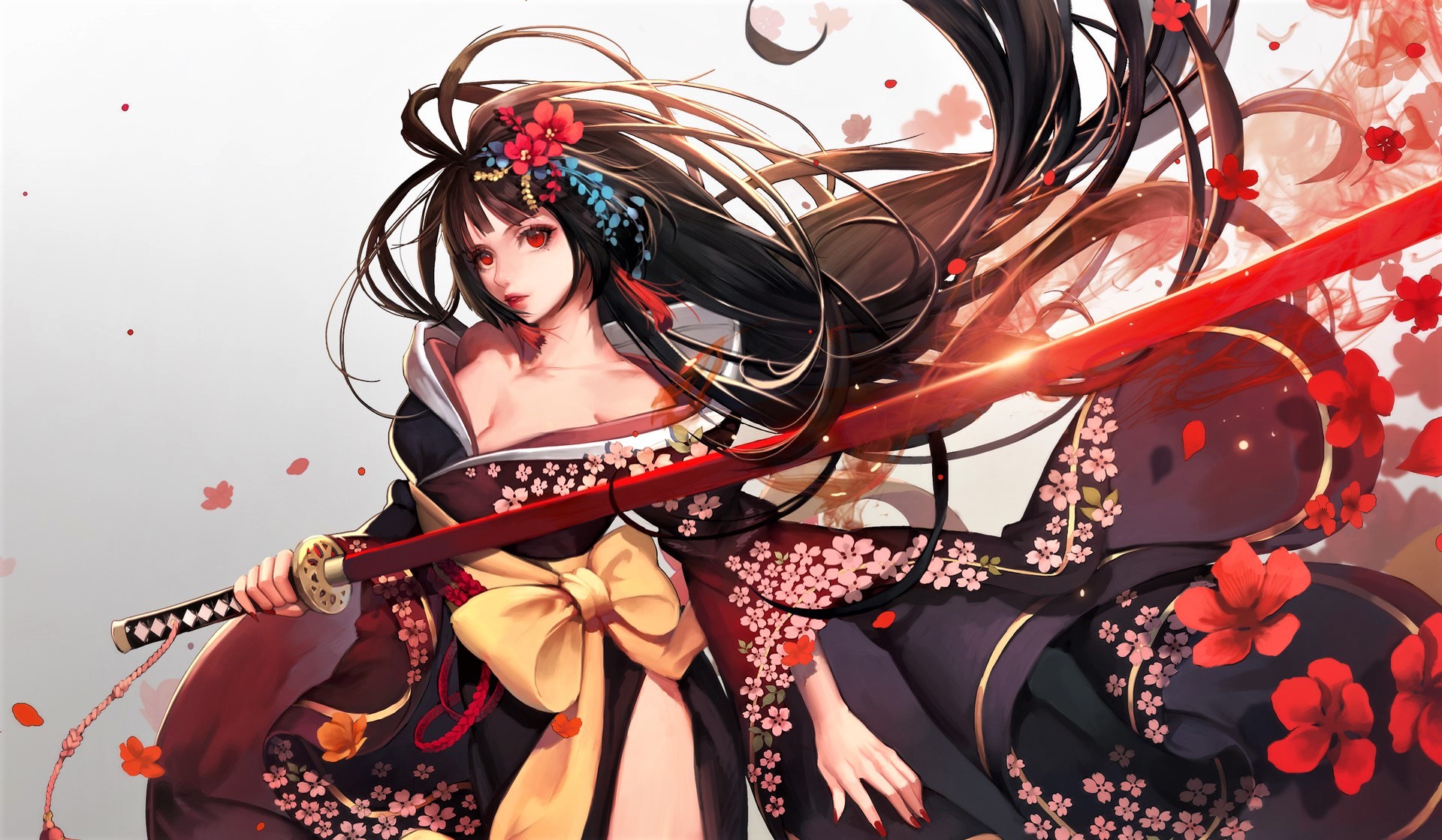 Free download wallpaper Anime, Flower, Colorful, Warrior, Kimono, Sword, Original, Red Eyes, Black Hair, Long Hair on your PC desktop