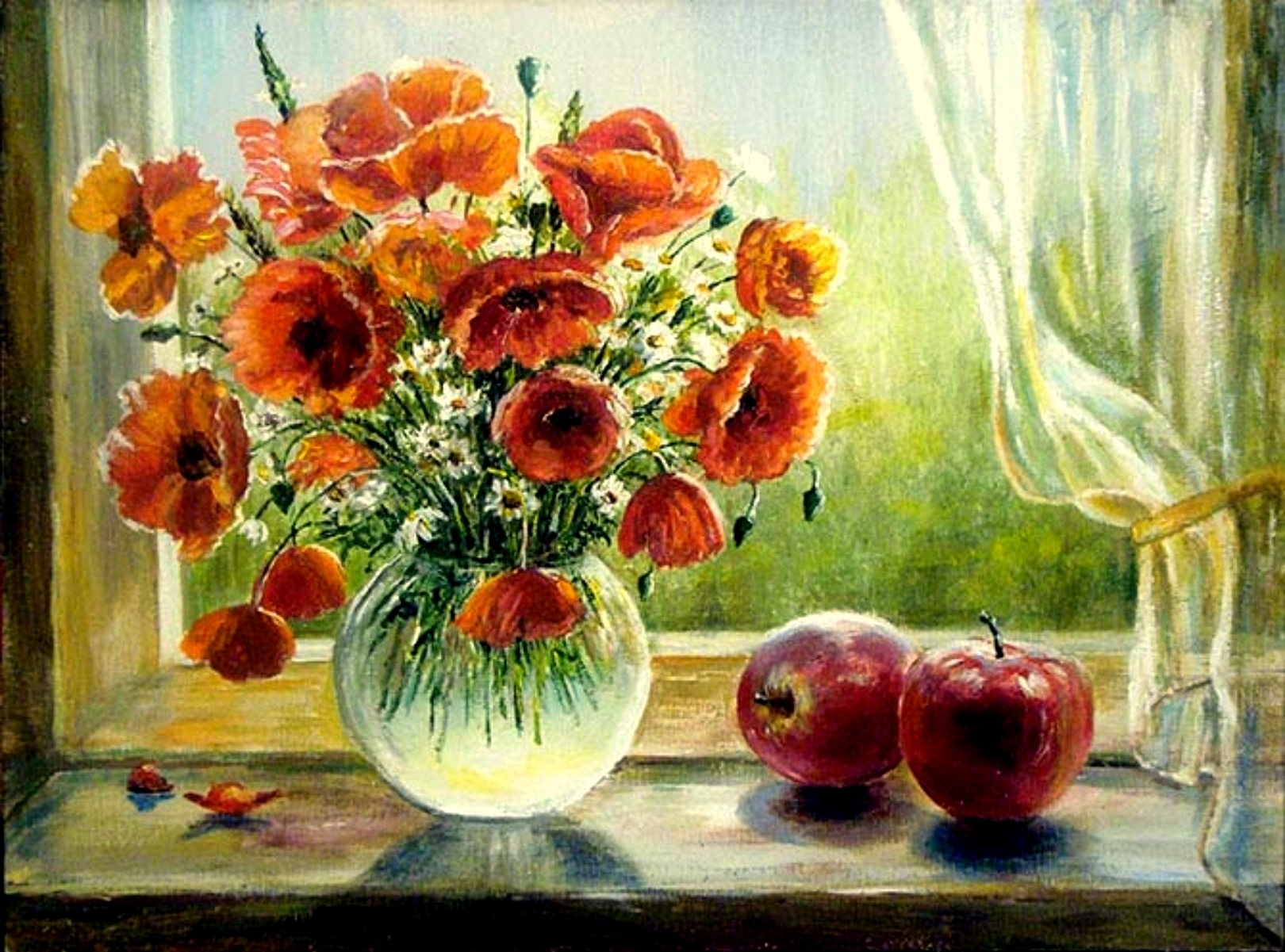 Handy-Wallpaper Blume, Malerei, Apfel, Künstlerisch, Stillleben, Orangene Blume kostenlos herunterladen.