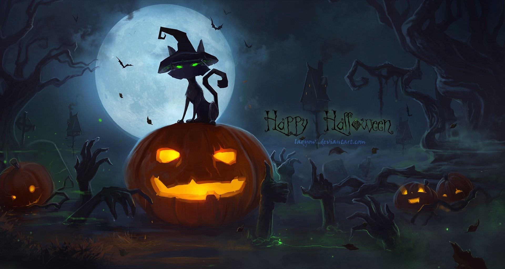Download mobile wallpaper Halloween, Moon, Hand, Cat, Tree, Holiday for free.