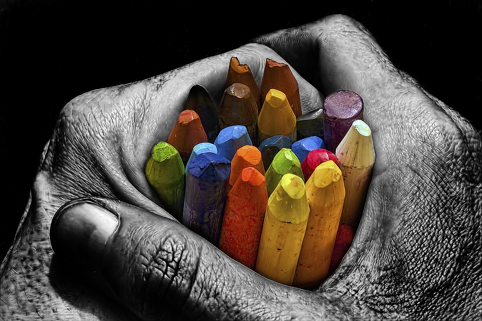 bright, art, palms, multicolored, motley, palm, hands, pencils, stranded, shallow