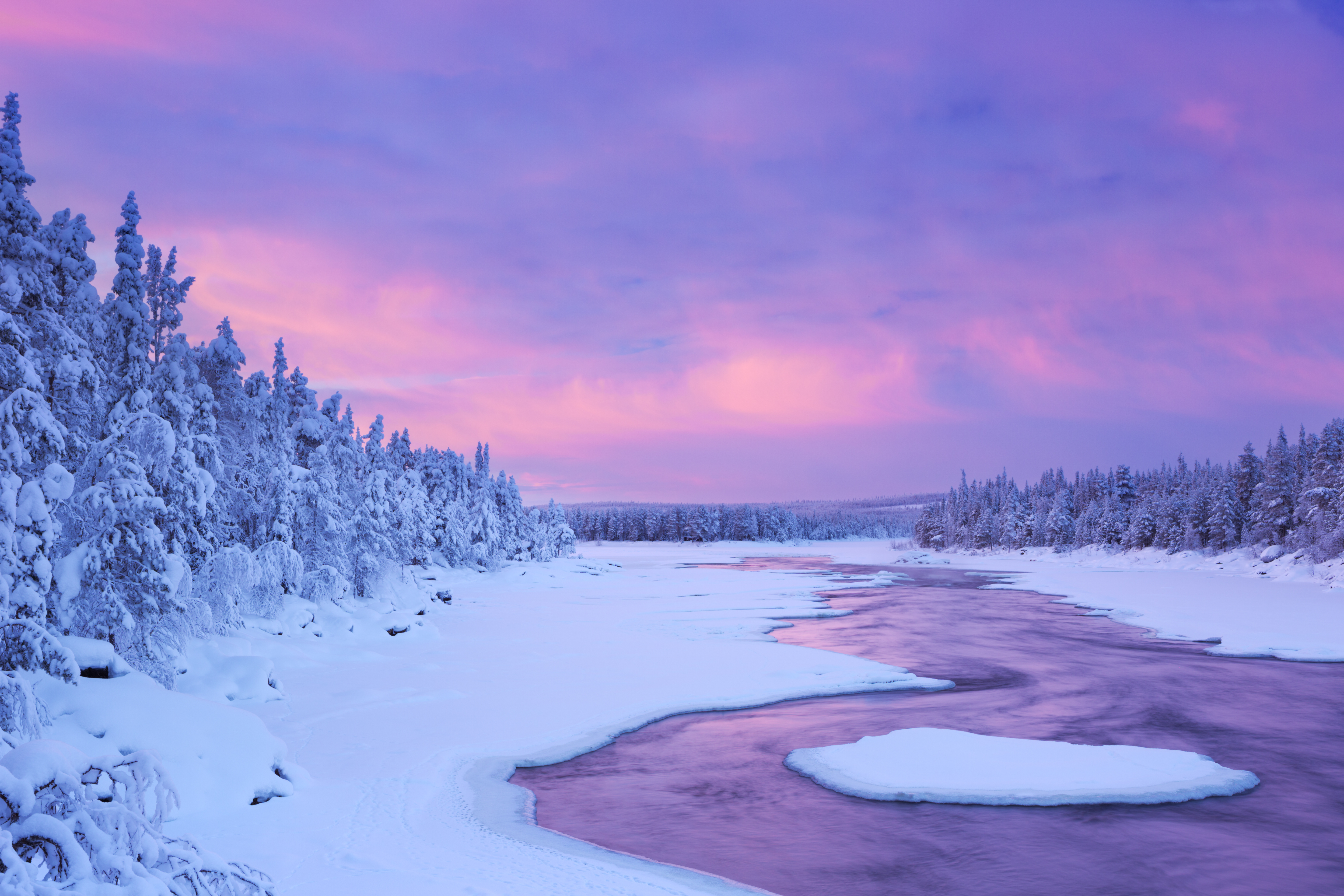 Download mobile wallpaper Winter, Sunset, Sky, Snow, Lake, Forest, Earth for free.