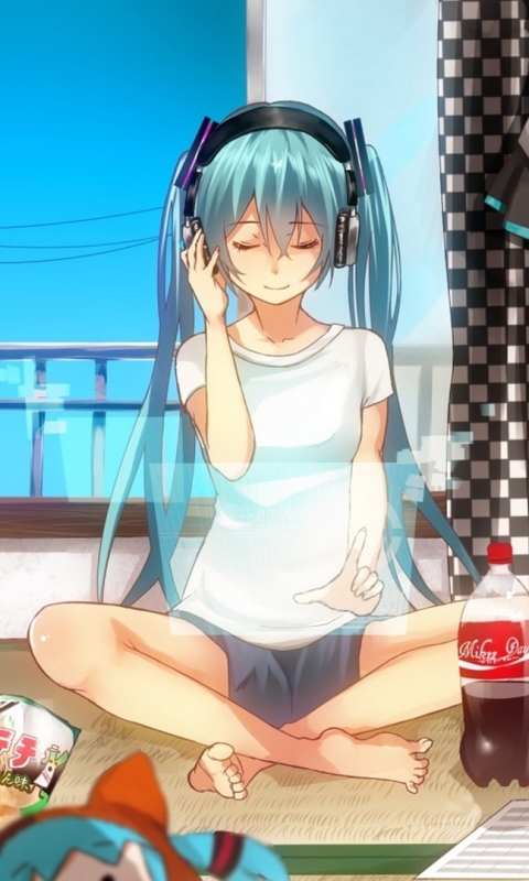 Download mobile wallpaper Anime, Headphones, Coca Cola, Poster, Vocaloid, Blue Eyes, Shorts, Blue Hair, Hatsune Miku, Long Hair, Twintails for free.