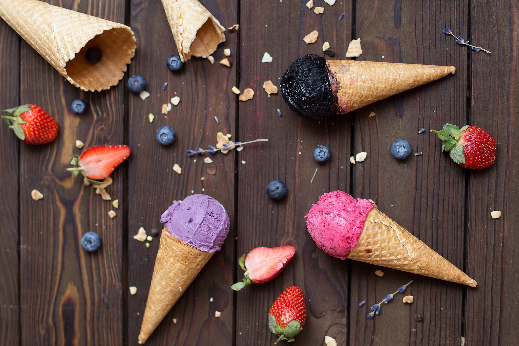 Download mobile wallpaper Food, Strawberry, Blueberry, Ice Cream, Still Life, Waffle Cone for free.