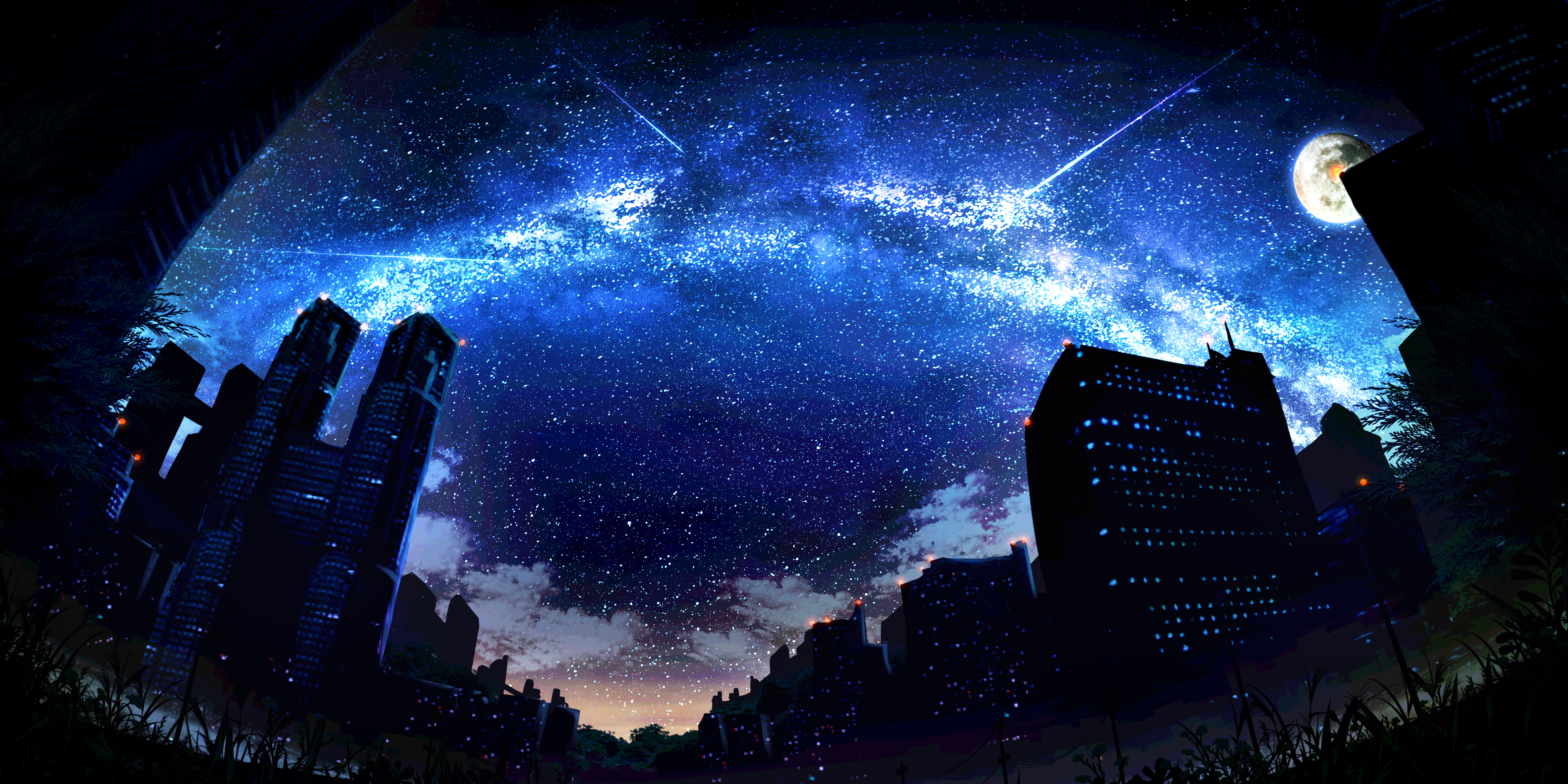 Free download wallpaper Anime, Stars, Moon, City on your PC desktop