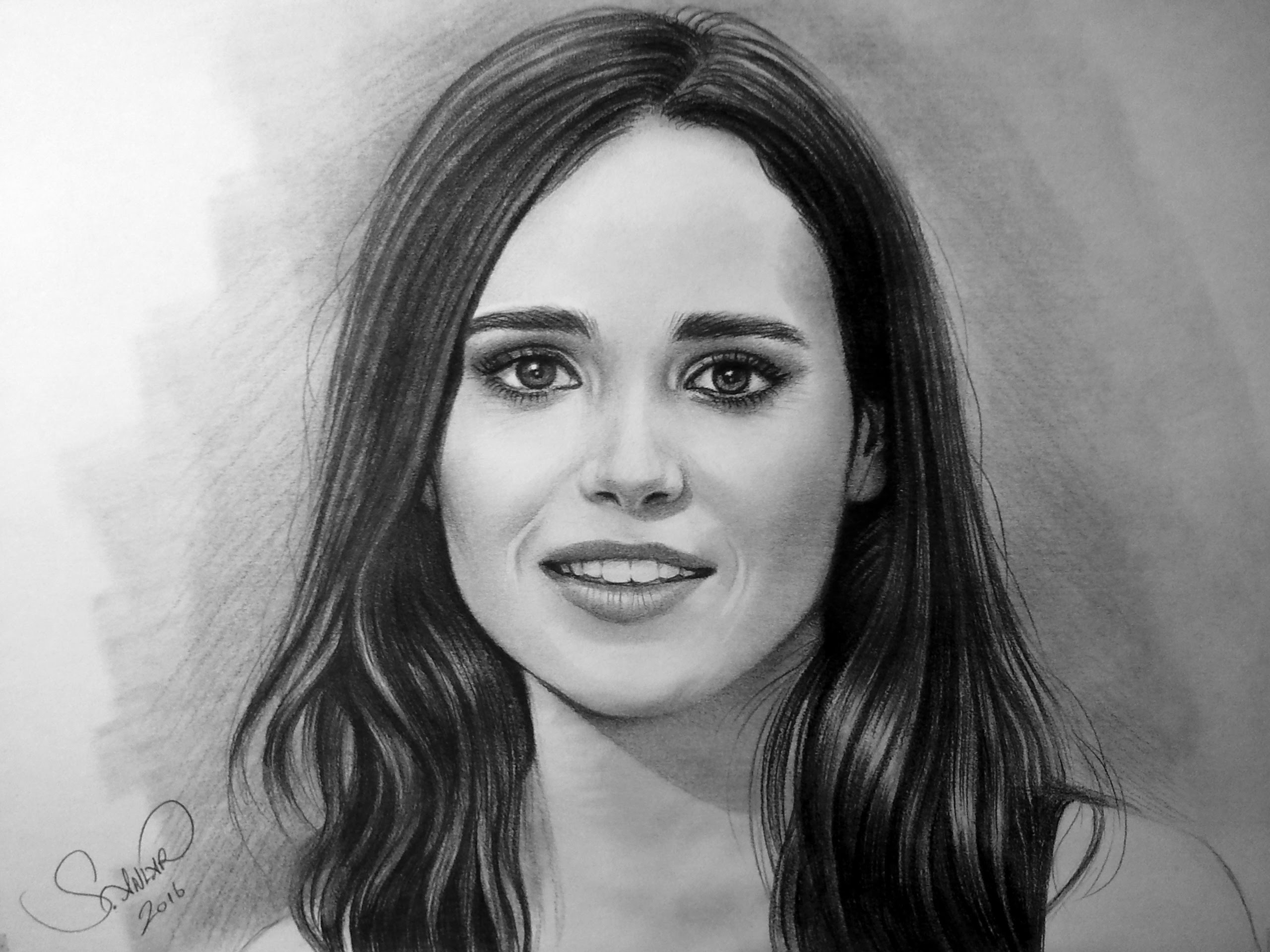 Handy-Wallpaper Zeichnung, Schwarz Weiß, Berühmtheiten, Darstellerin, Ellen Page kostenlos herunterladen.