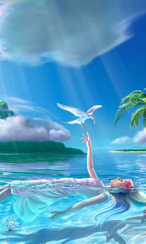 Download mobile wallpaper Fantasy, Bird, Women, Palm Tree for free.