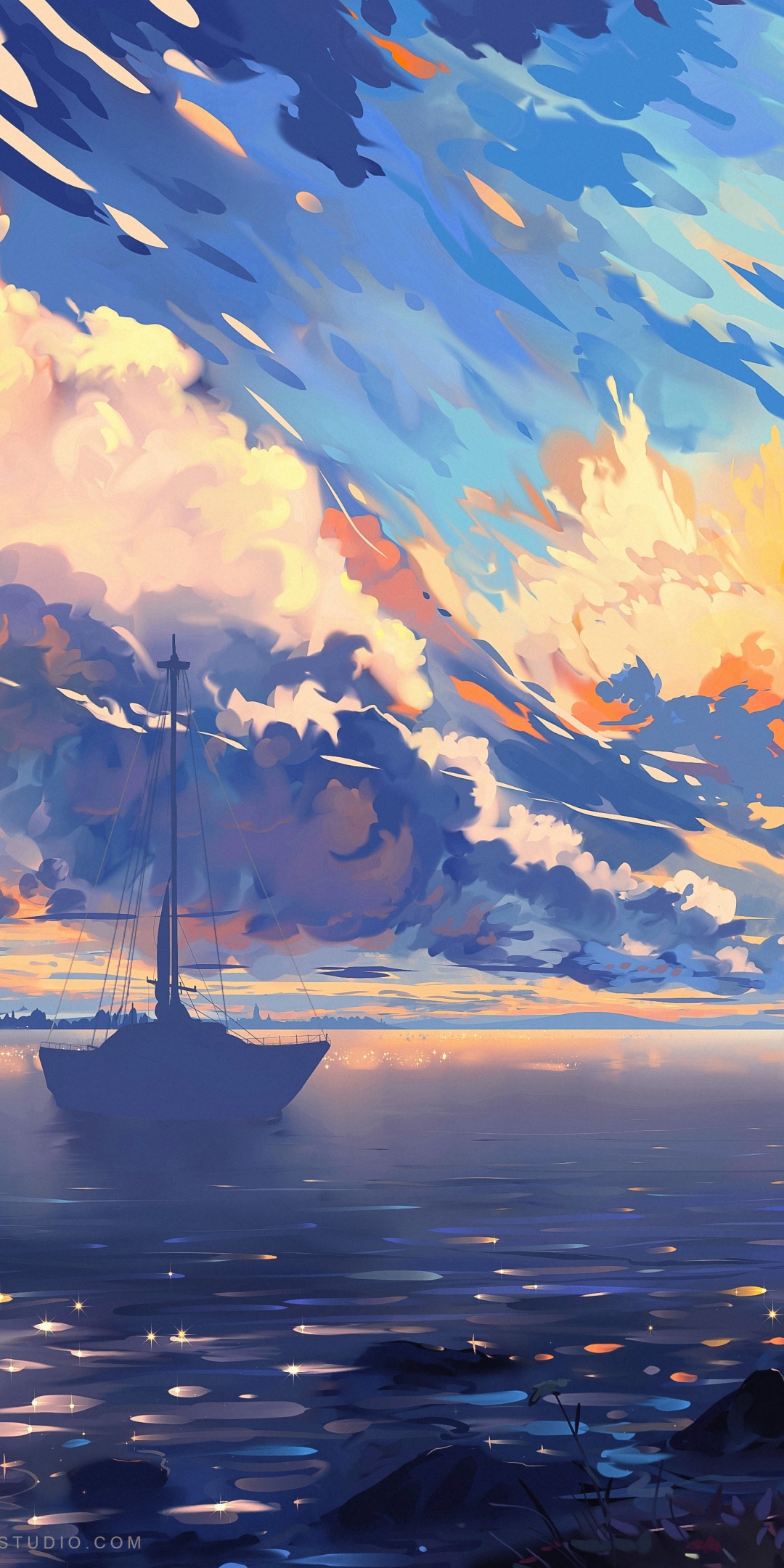 Download mobile wallpaper Anime, Horizon, Boat, Cloud, Original for free.