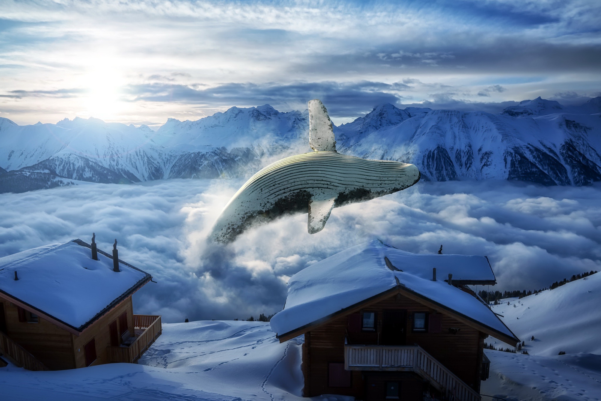 Download mobile wallpaper Winter, Mountain, Cloud, Whale, Photography, Cabin, Manipulation for free.